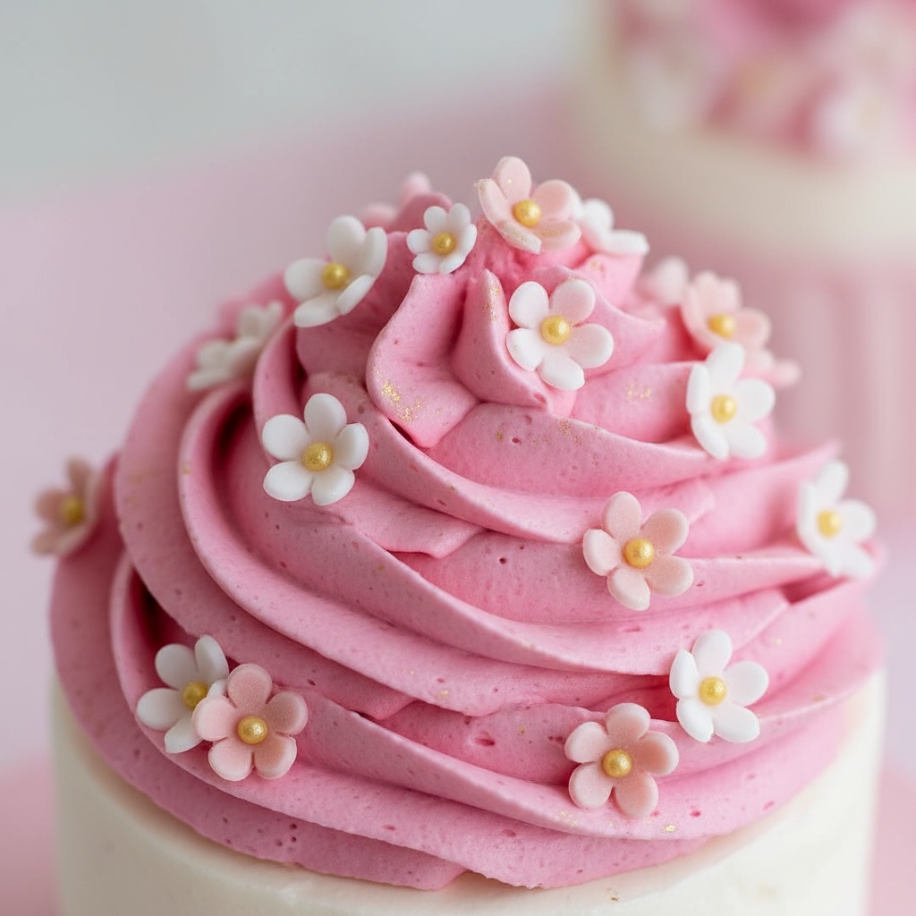 Cherry Blossom cupcakes with soft pink swirl and tiny blossom