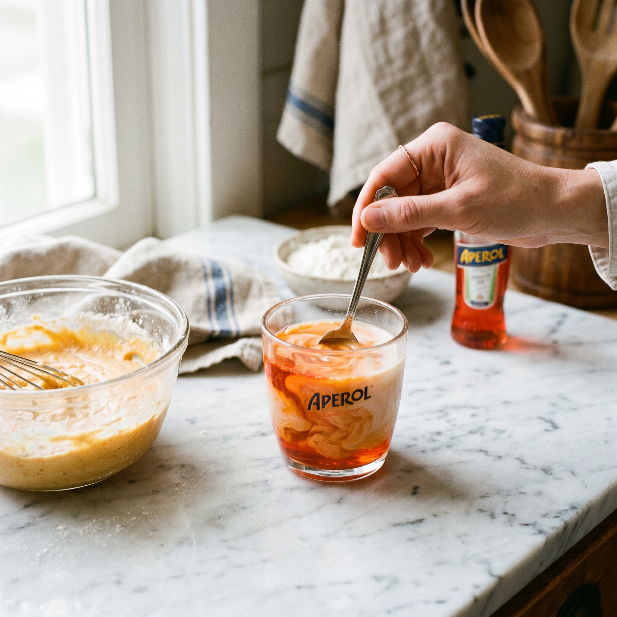 Aperol and milk being stirred together in a small glass cup next to a mixing bowl with pale orange cupcake batter