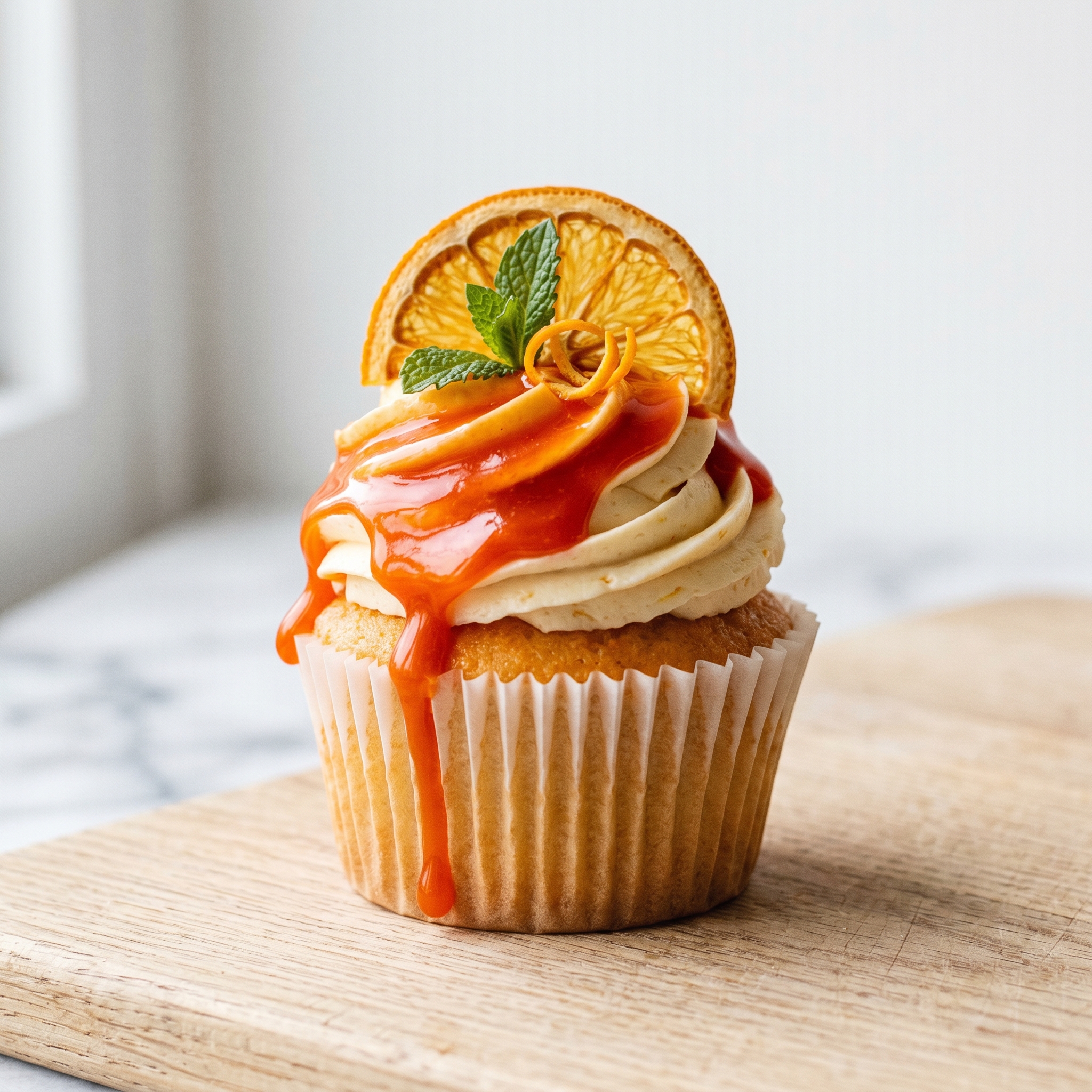 Close-up of an Aperol Spritz cupcake showing the glossy orange glaze dripping over the swirled prosecco buttercream