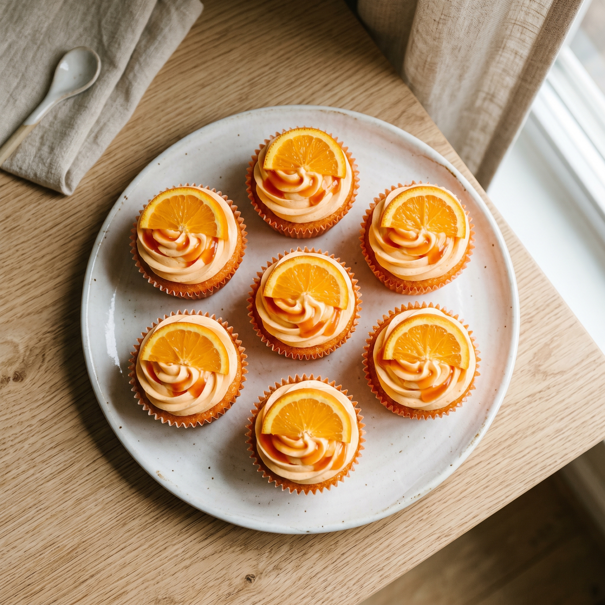 Aperol Spritz cupcakes with shiny orange glaze, piped prosecco buttercream, and a small orange slice on top, arranged on a white ceramic plate with a sunny background