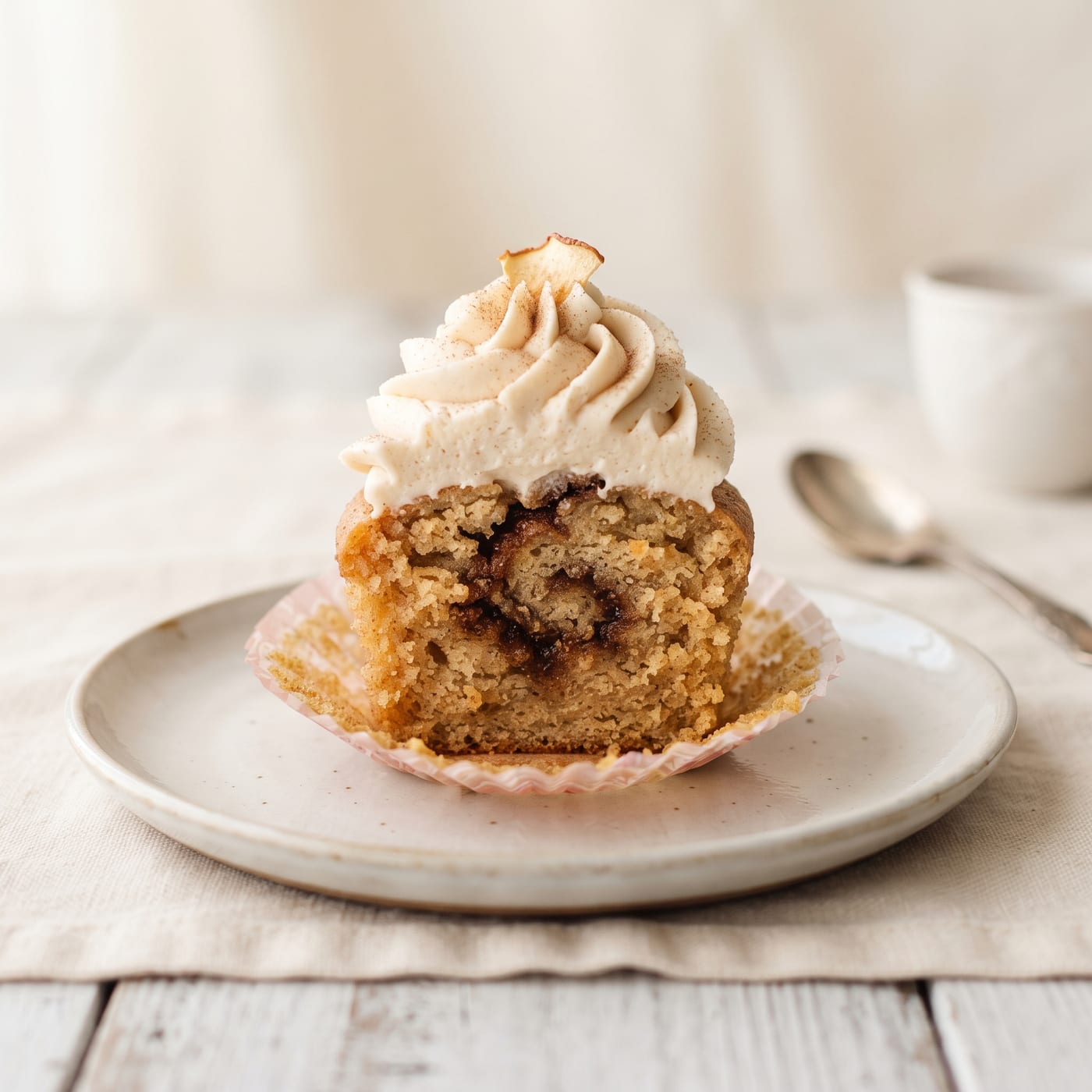 Close up of apple cider donut cupcake cross section showing cinnamon swirl