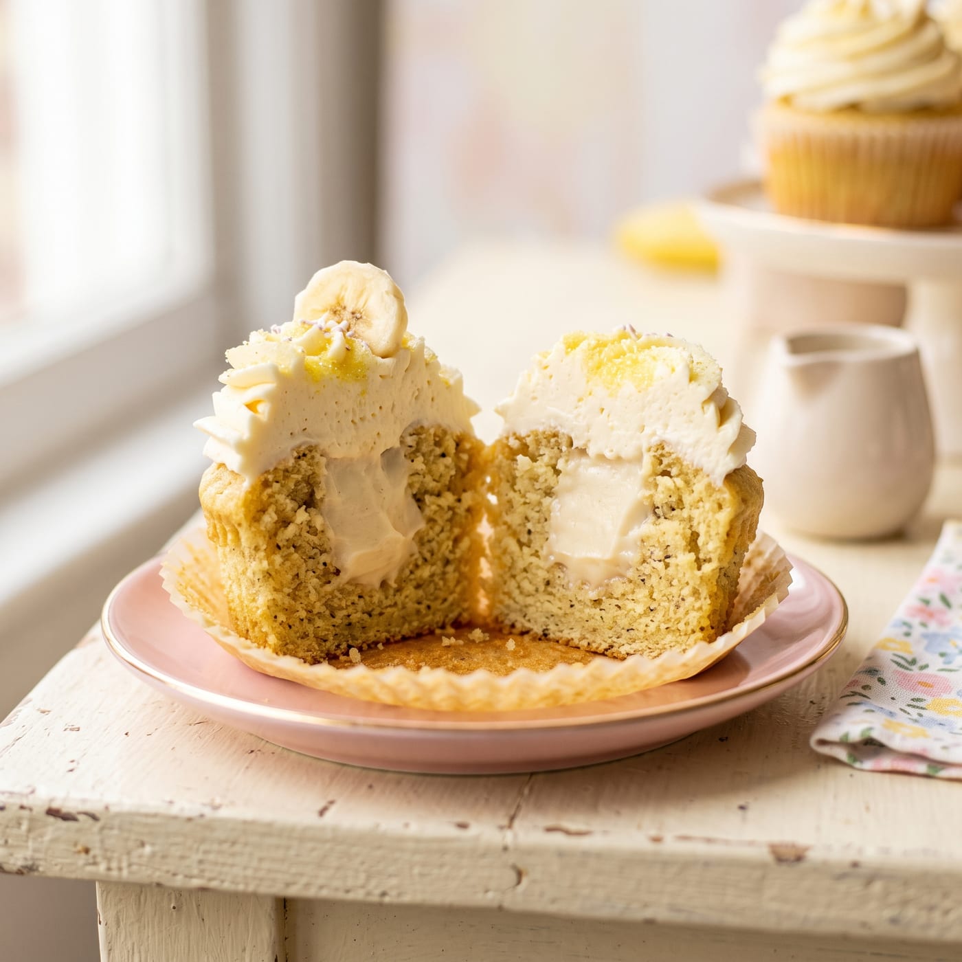 Cupcake sliced open showing banana cake with a cored center filled with chilled vanilla pudding