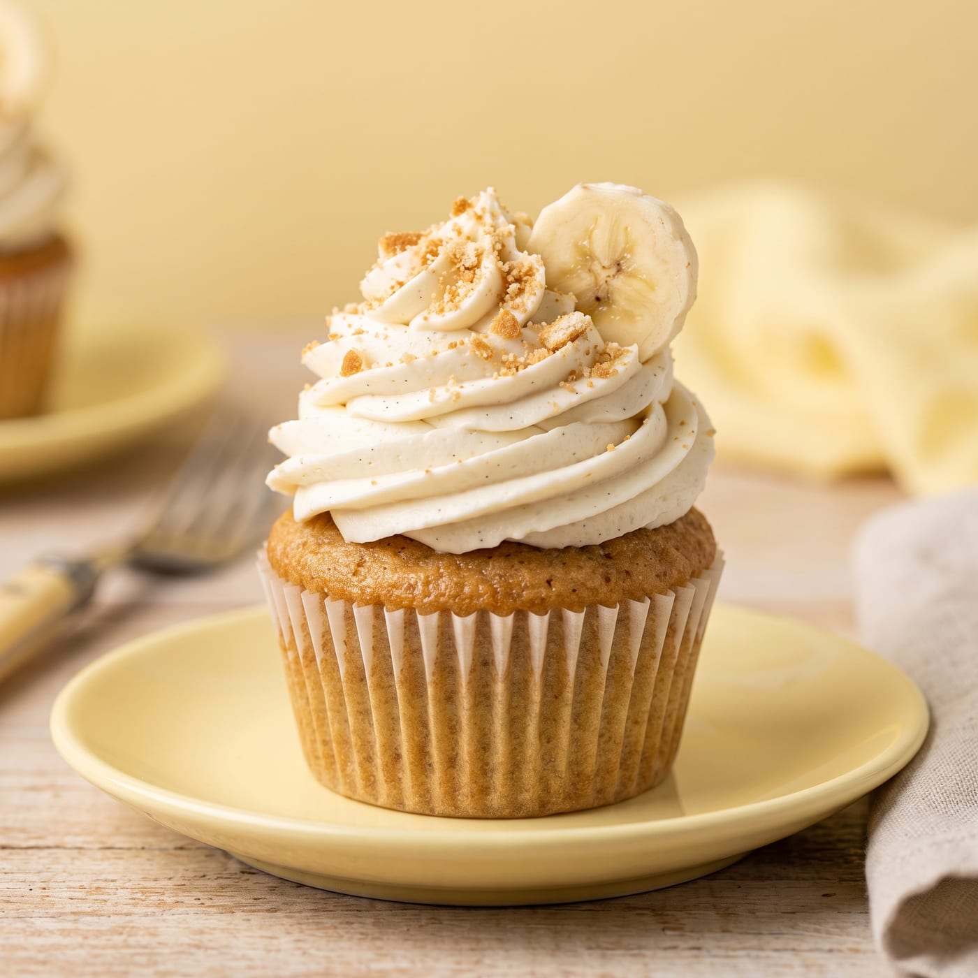Close up of whipped vanilla frosting swirl with crushed vanilla wafers on top of a banana cupcake