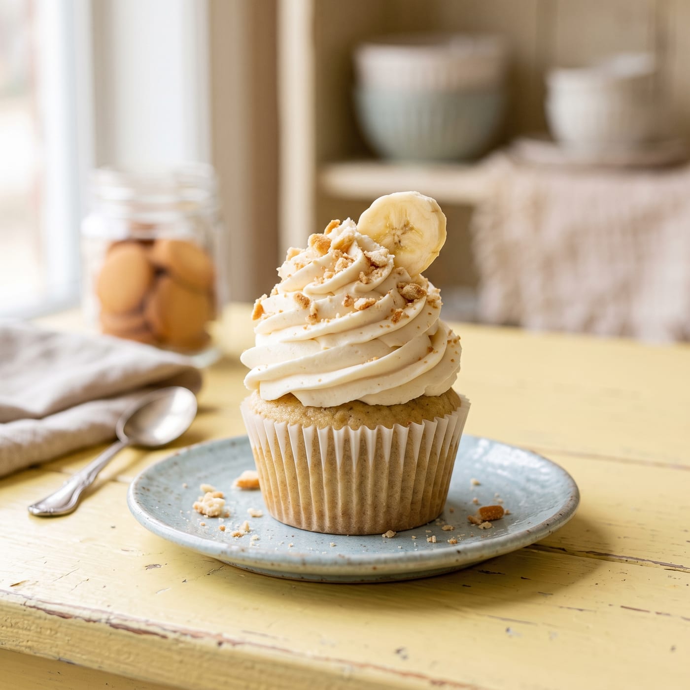 Banana pudding cupcake with tall whipped frosting swirl and crushed vanilla wafer topping on a butter yellow background