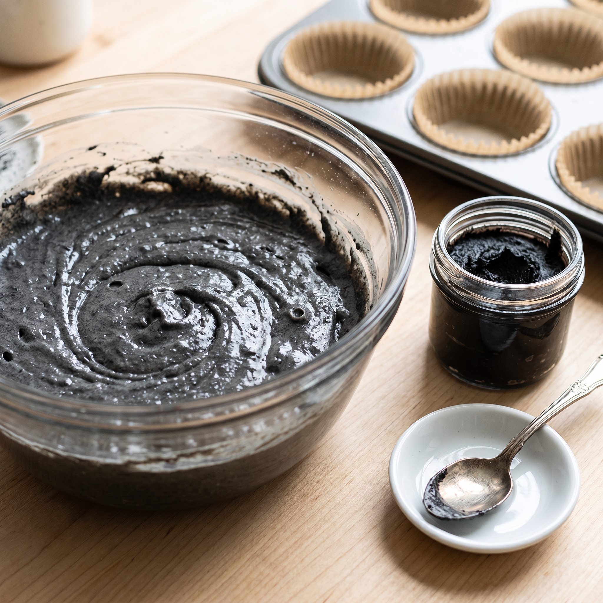 Small glass bowl of roasted black sesame paste next to a mixing bowl of dark gray cupcake batter on a kitchen counter