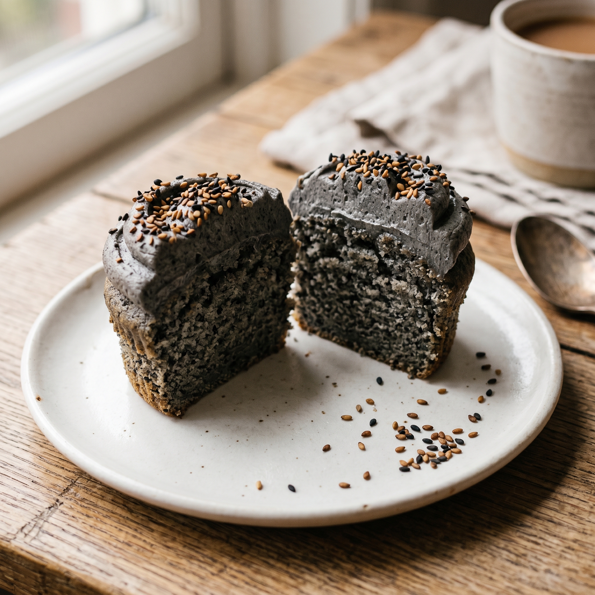 Cross-section of a black sesame cupcake showing the dark gray crumb and cream cheese frosting layer on top