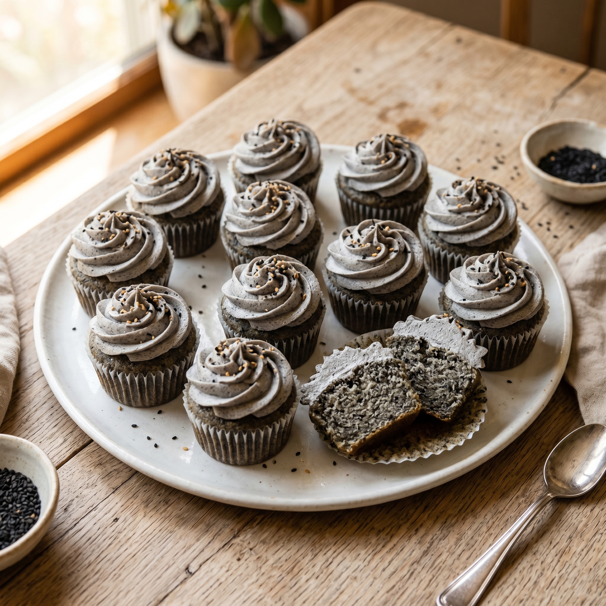 Twelve black sesame cupcakes on a white ceramic plate with gray sesame cream cheese frosting and a sprinkle of toasted black sesame seeds, shot in natural light on a light wood surface