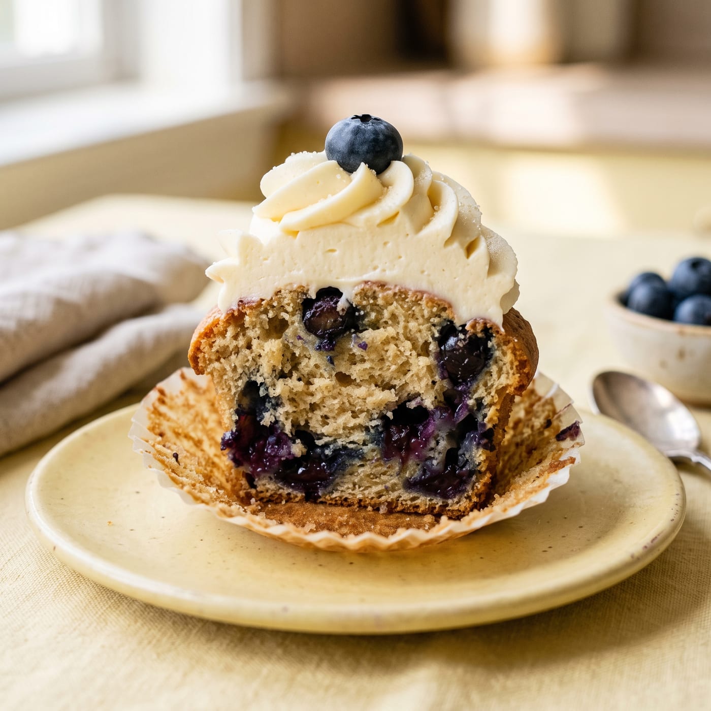 Close up of blueberry muffin cupcake showing juicy berry pockets inside the crumb