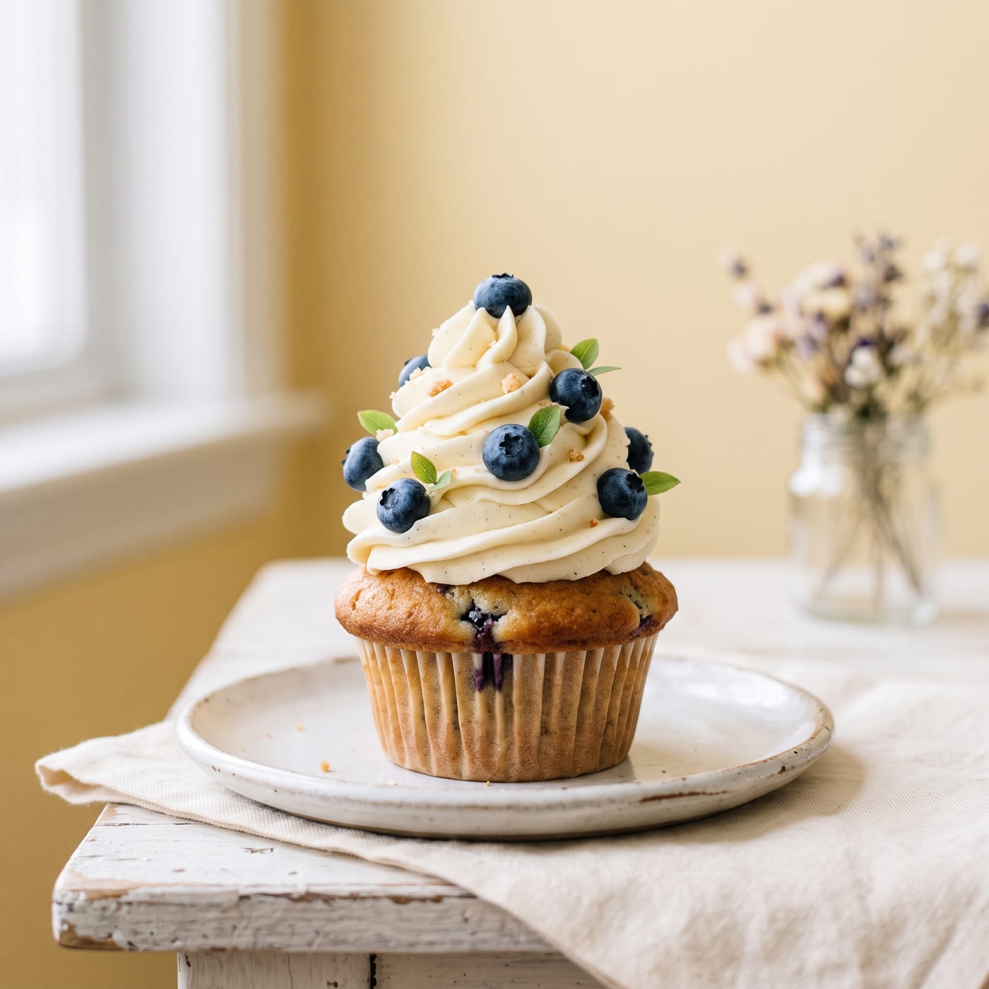 Blueberry muffin cupcake with tall vanilla swirl frosting and fresh blueberries on top