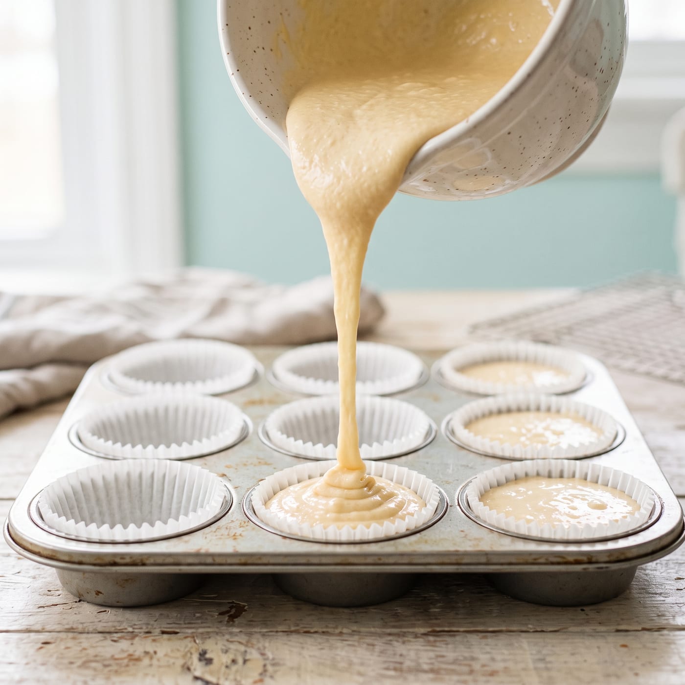 Buttermilk cupcake batter being poured into a lined muffin pan