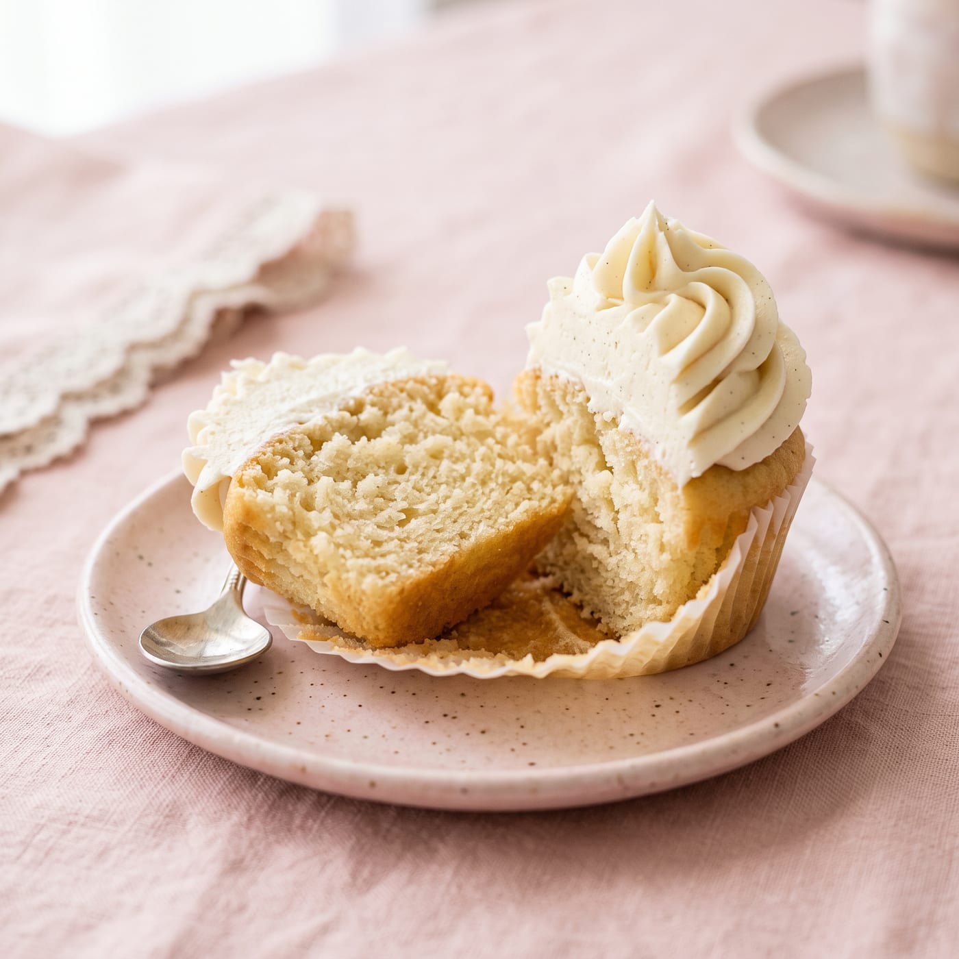 Close up of buttermilk cupcake crumb showing a tender soft texture