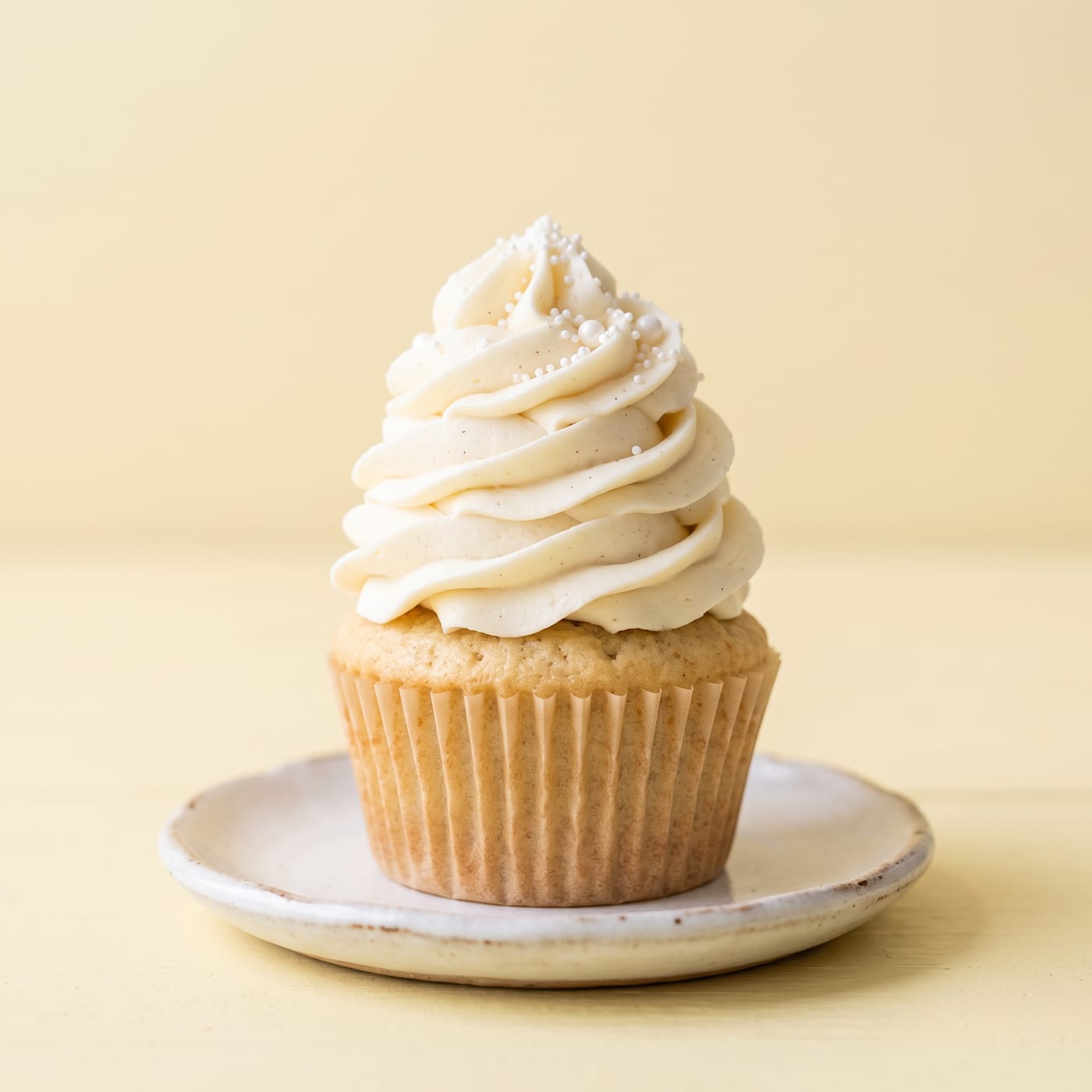 Buttermilk cupcake with tall swirled vanilla frosting on a pastel butter yellow background