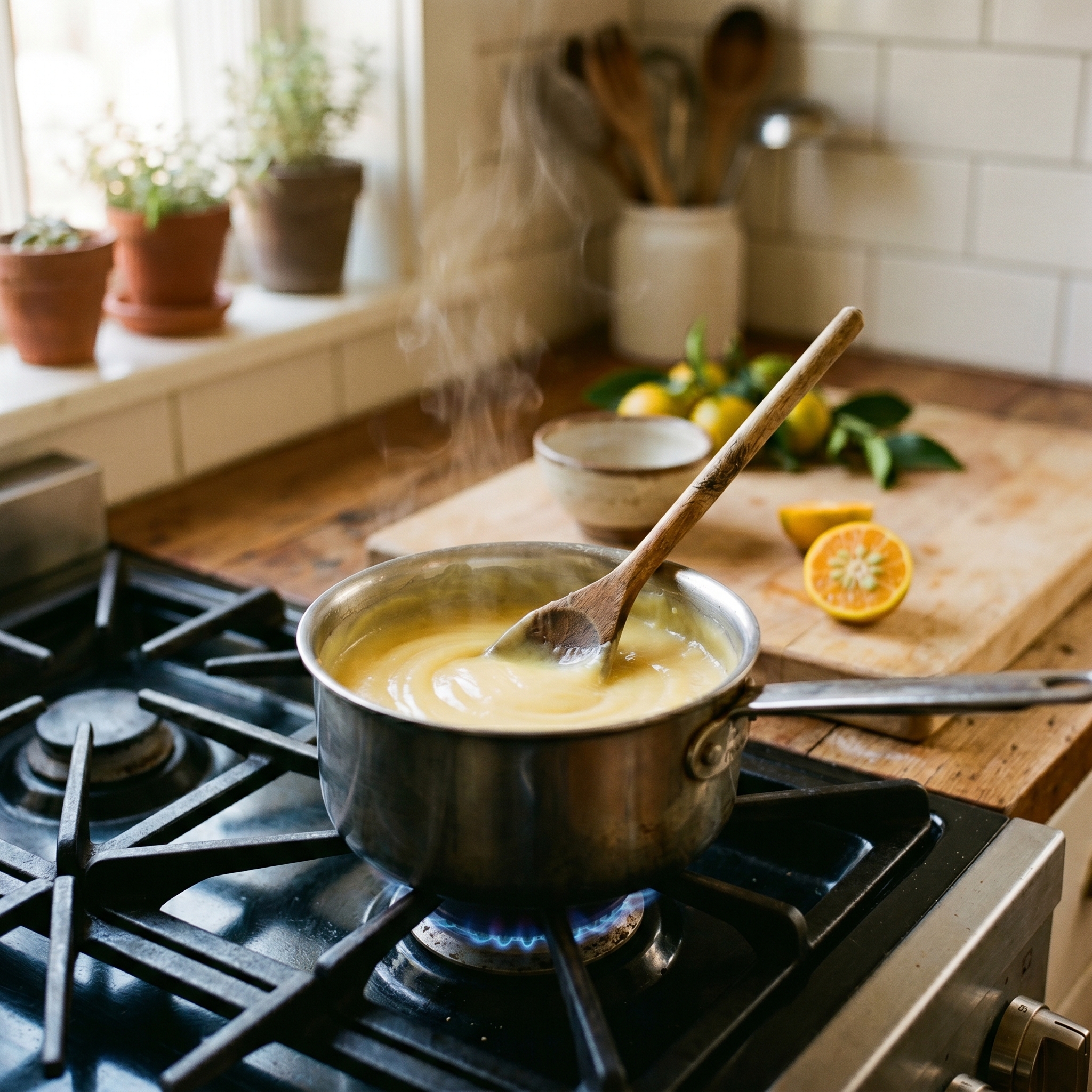 Small saucepan with pale yellow calamansi curd being stirred with a wooden spoon on a stovetop, warm kitchen light