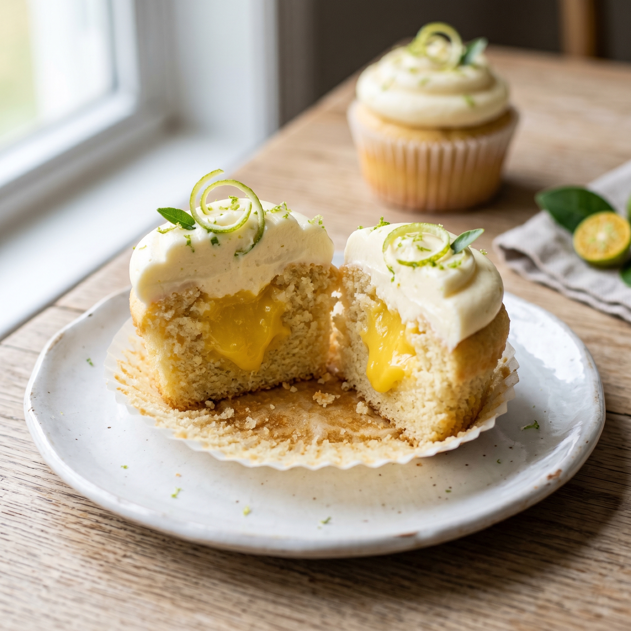 Cross section of a calamansi cupcake showing yellow citrus curd filling in the center and cream cheese frosting on top