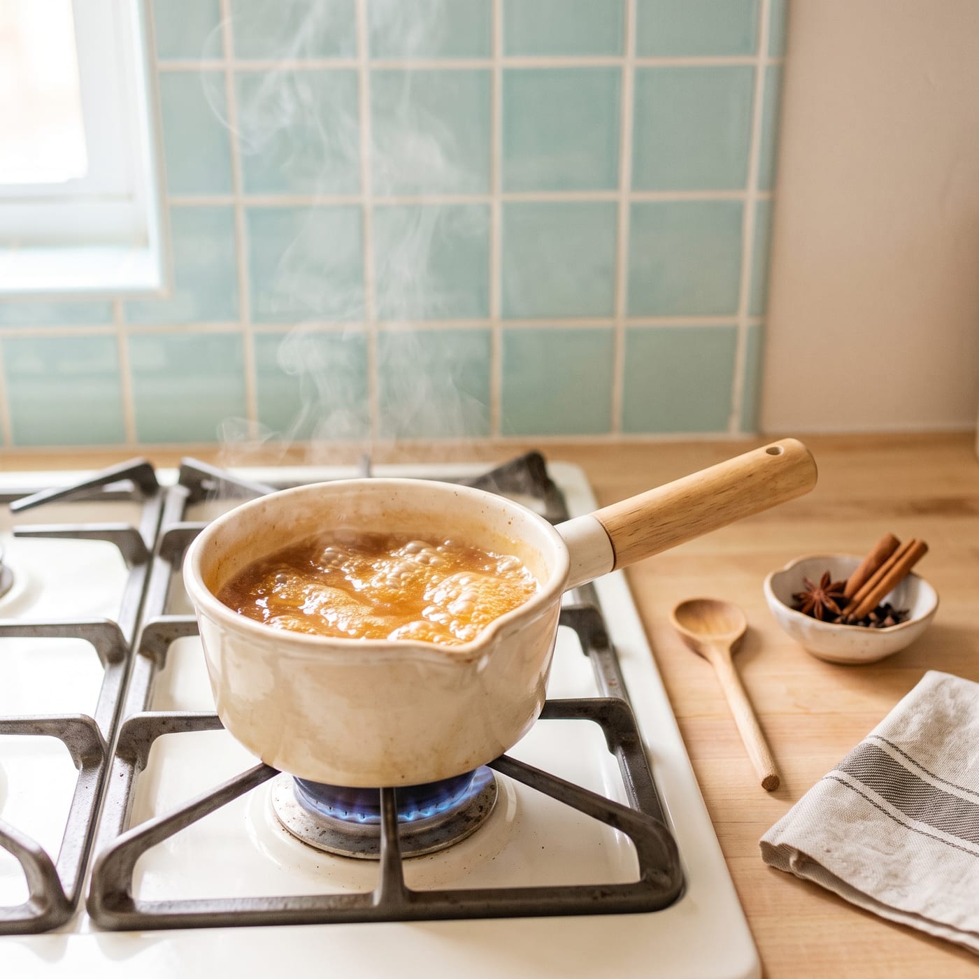 Apple cider being reduced in a small saucepan on the stove for cupcake batter