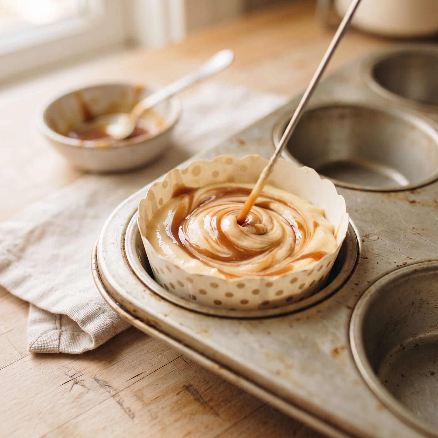 Close up of caramel sauce swirling into cupcake batter before baking