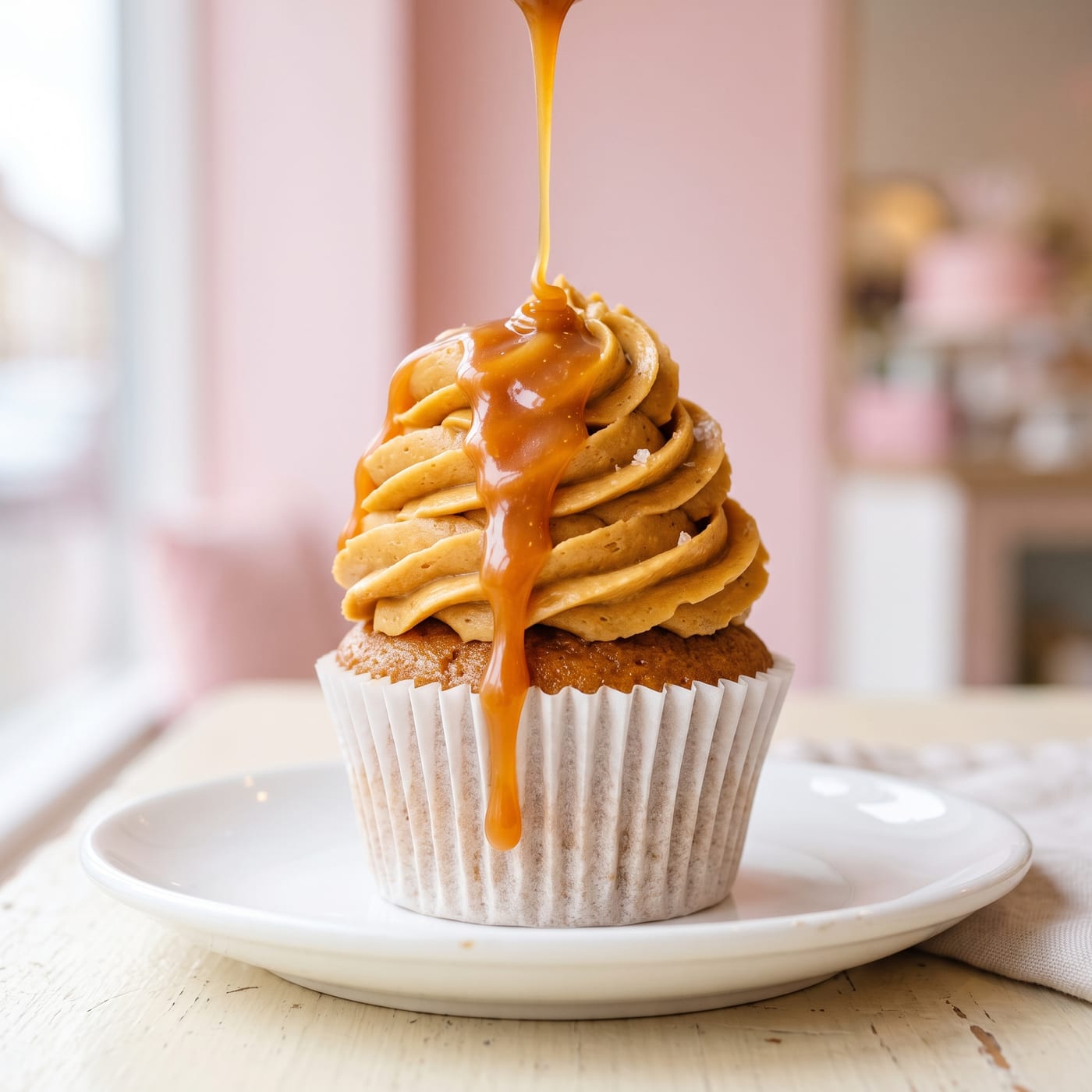 Close up of caramel drizzle dripping over swirled buttercream on a latte cupcake