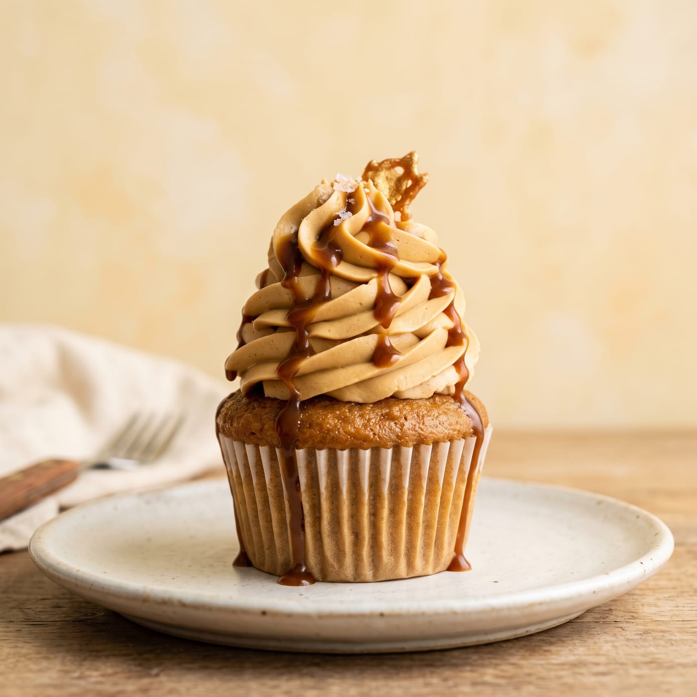 Caramel latte cupcake with tall swirled caramel buttercream and caramel drizzle on top