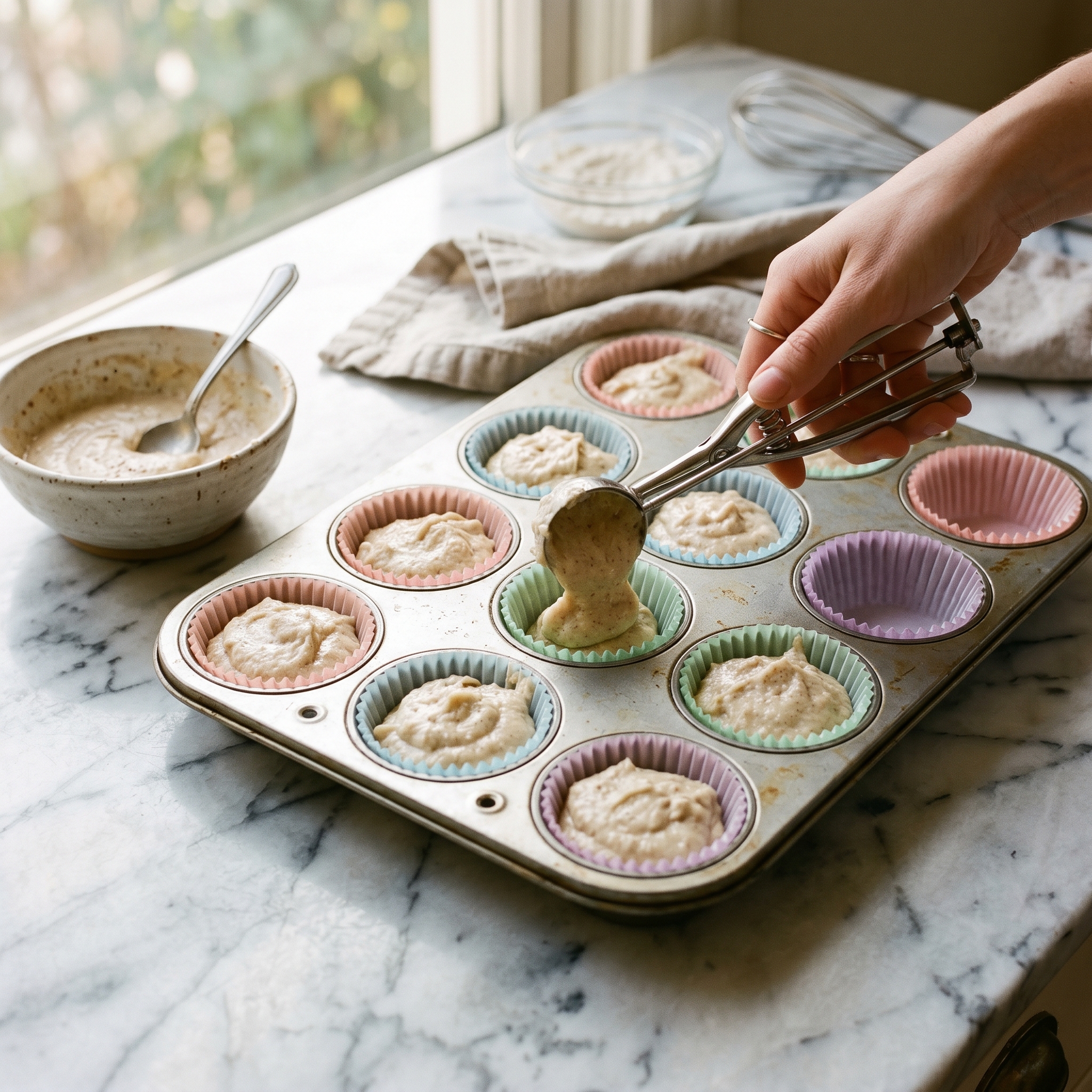Cardamom rose cupcake batter being divided into a lined muffin pan using a cookie scoop