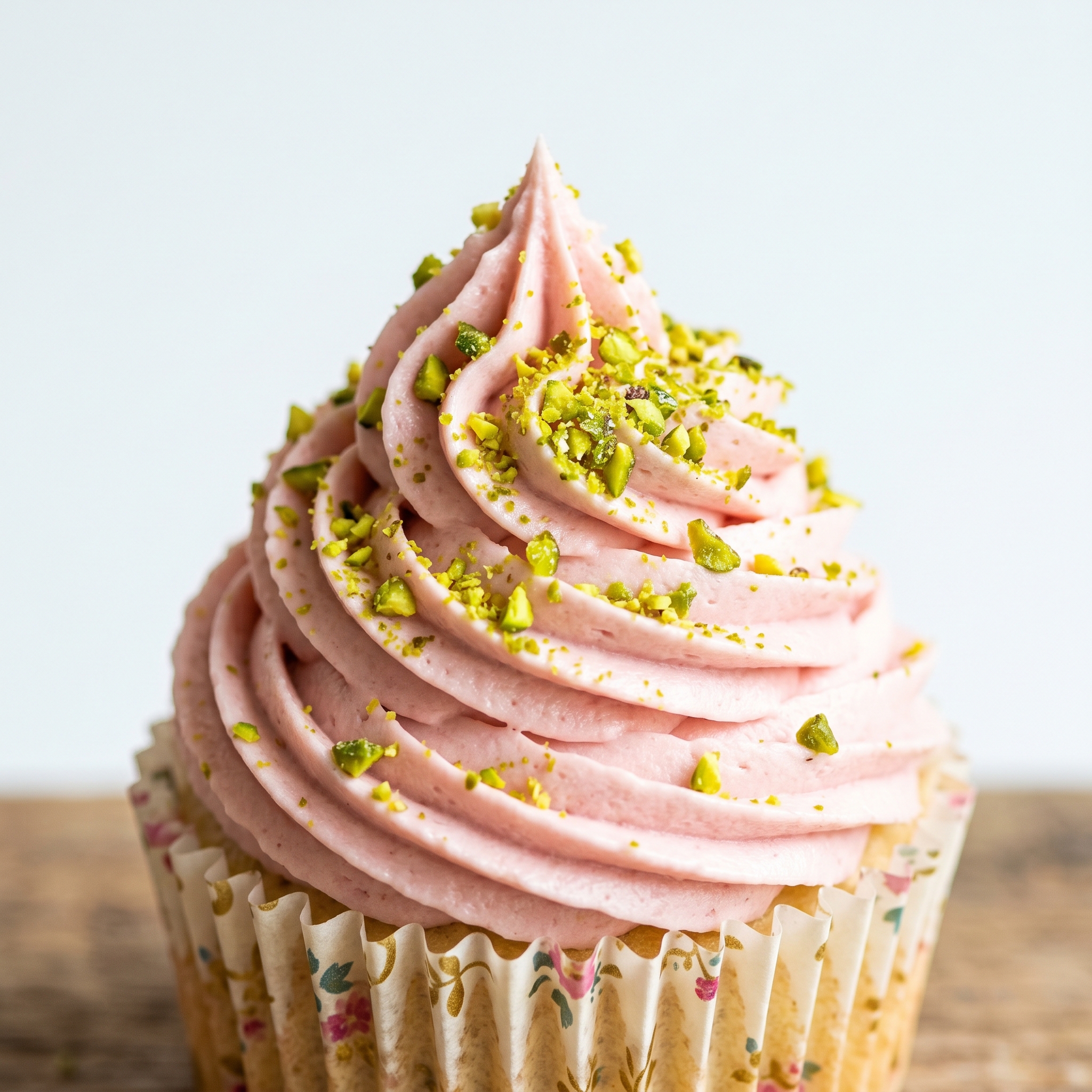 Close-up of a single rose pistachio cupcake showing the pink buttercream texture and pistachio crumble on top