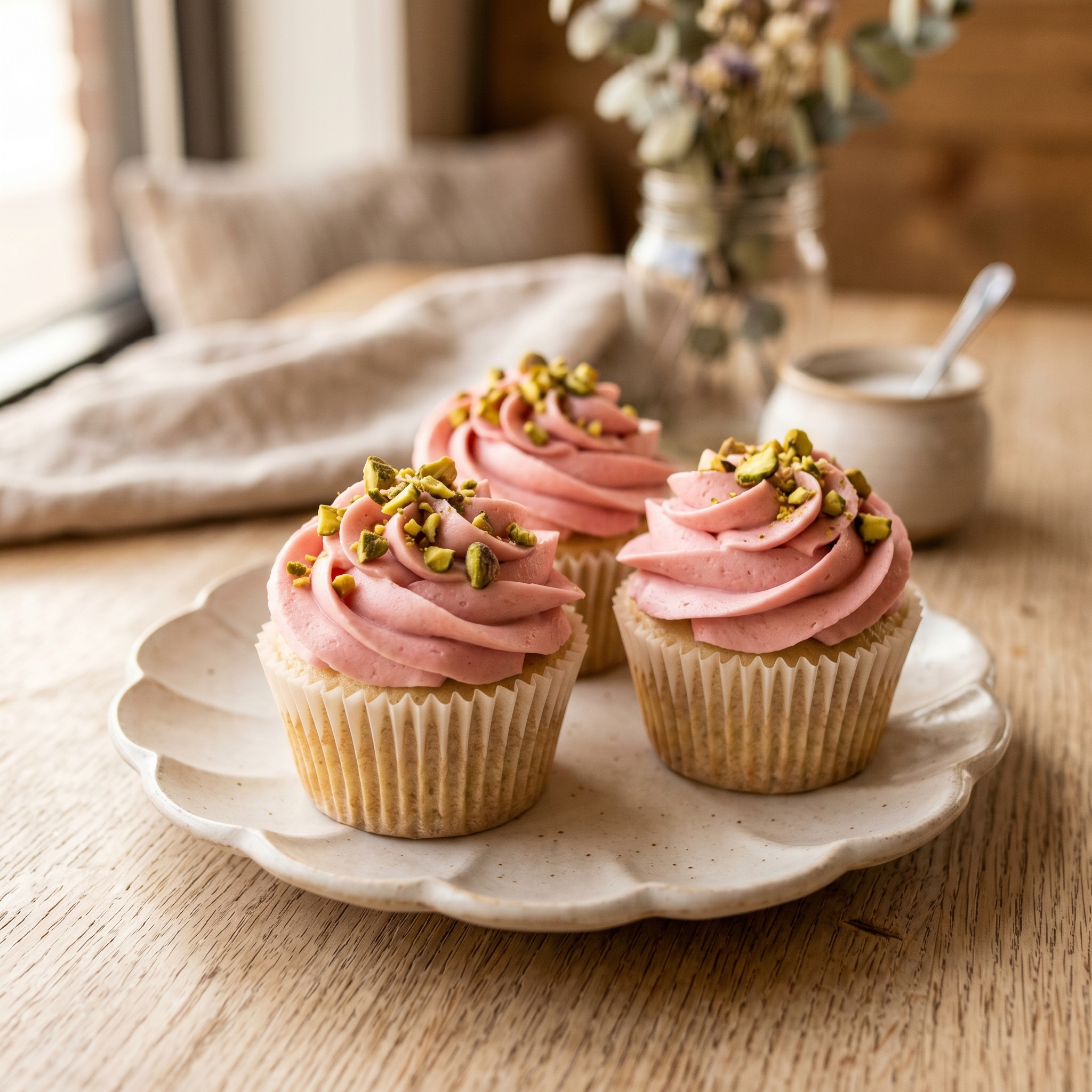 Three cardamom rose pistachio cupcakes with pink rose buttercream swirls and a generous scatter of crushed pistachios on a white ceramic plate in warm natural light