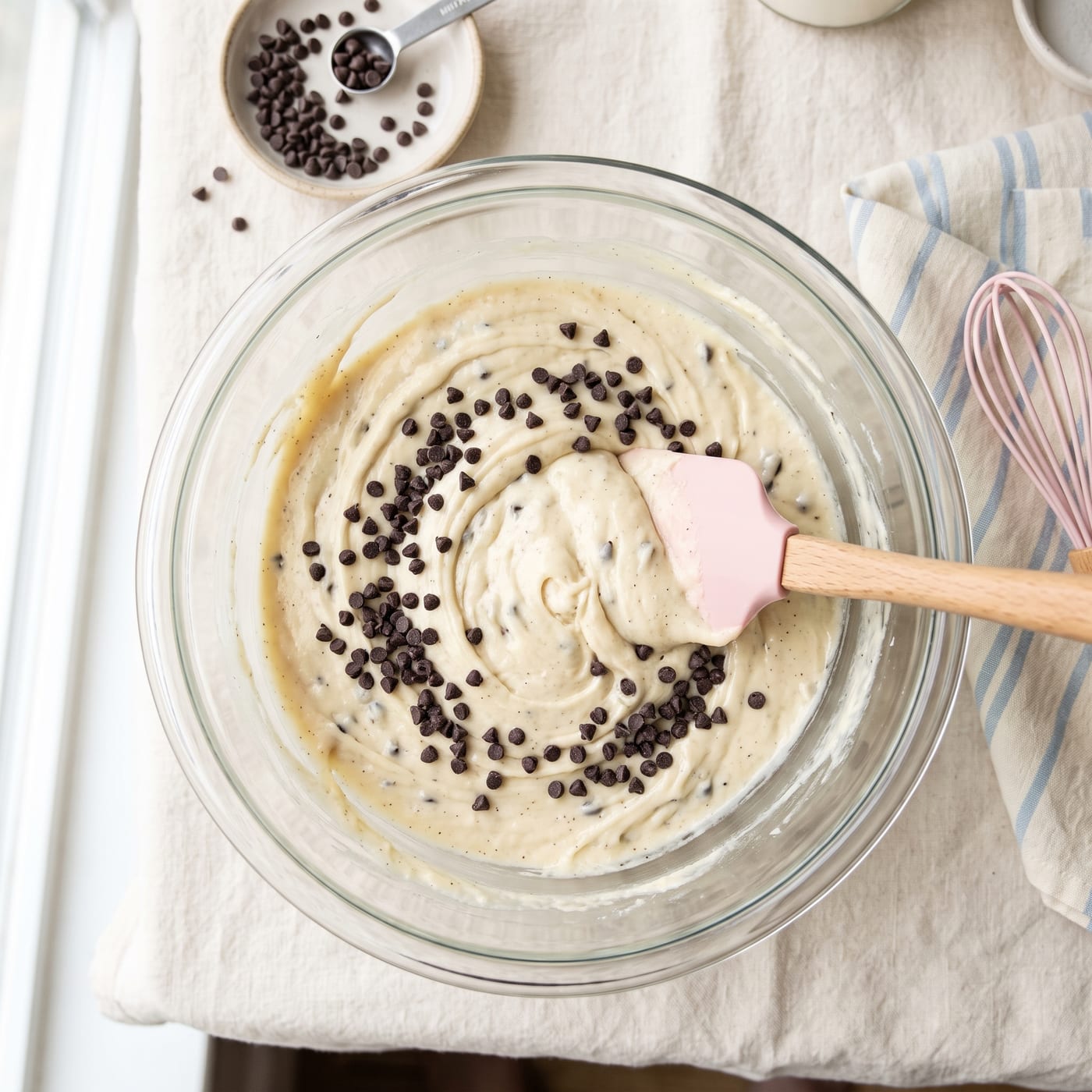 Mini chocolate chips being folded into vanilla cupcake batter in a glass mixing bowl
