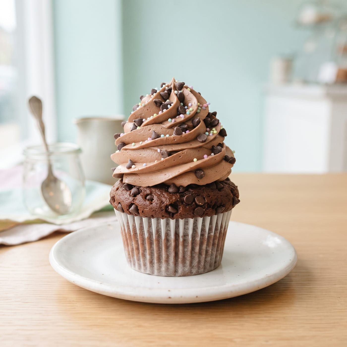 Chocolate chip milk cupcake with tall swirled frosting and mini chocolate chips on a pale aqua background