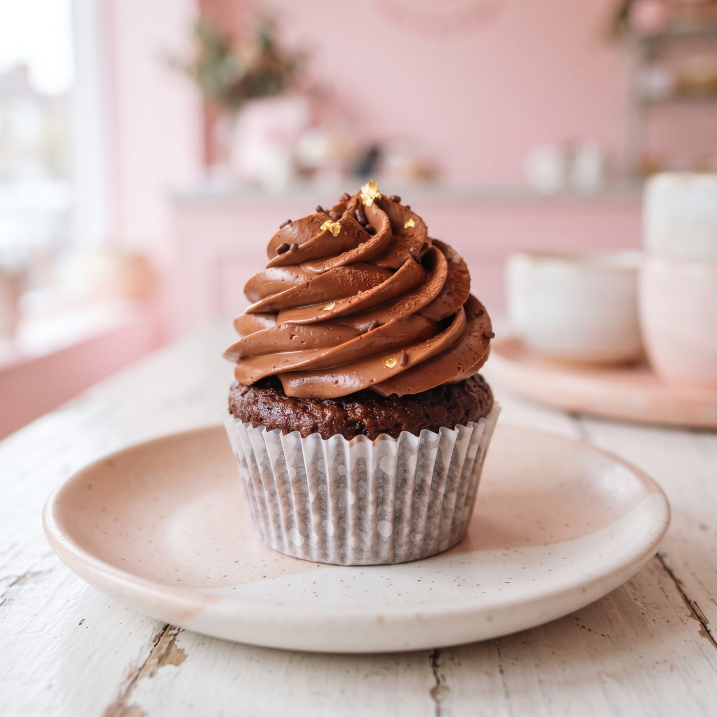 Close up of milk chocolate buttercream swirl on top of a fudge cupcake