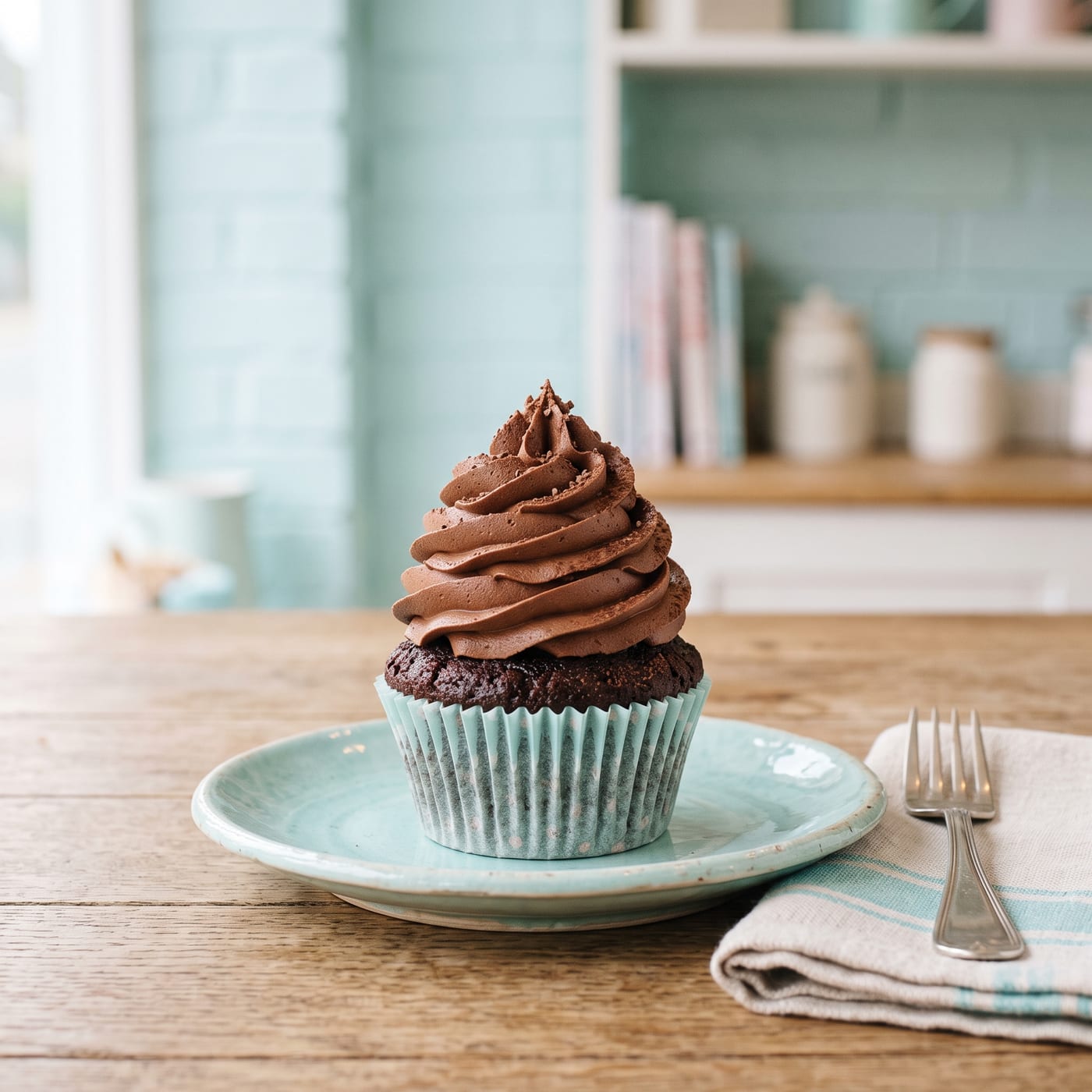 Chocolate fudge cupcake with tall swirled milk chocolate frosting on a pastel background