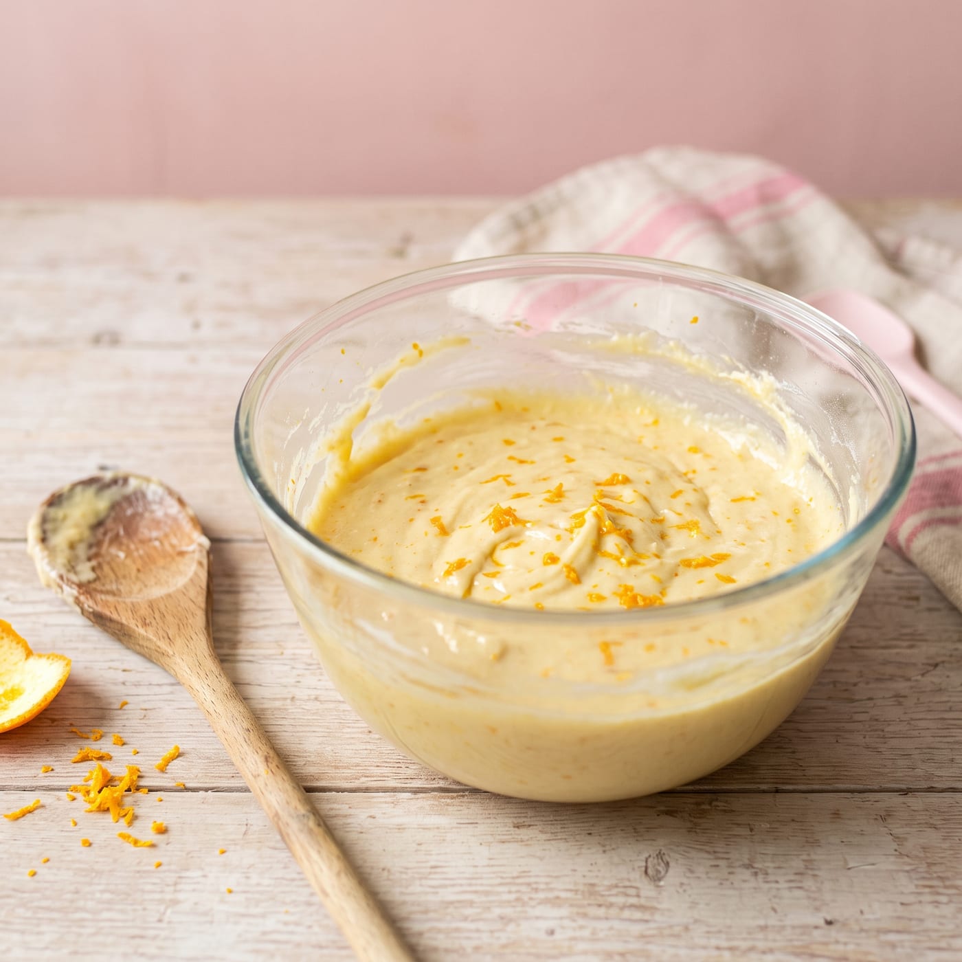 Orange zest being folded into pale yellow cupcake batter in a glass mixing bowl