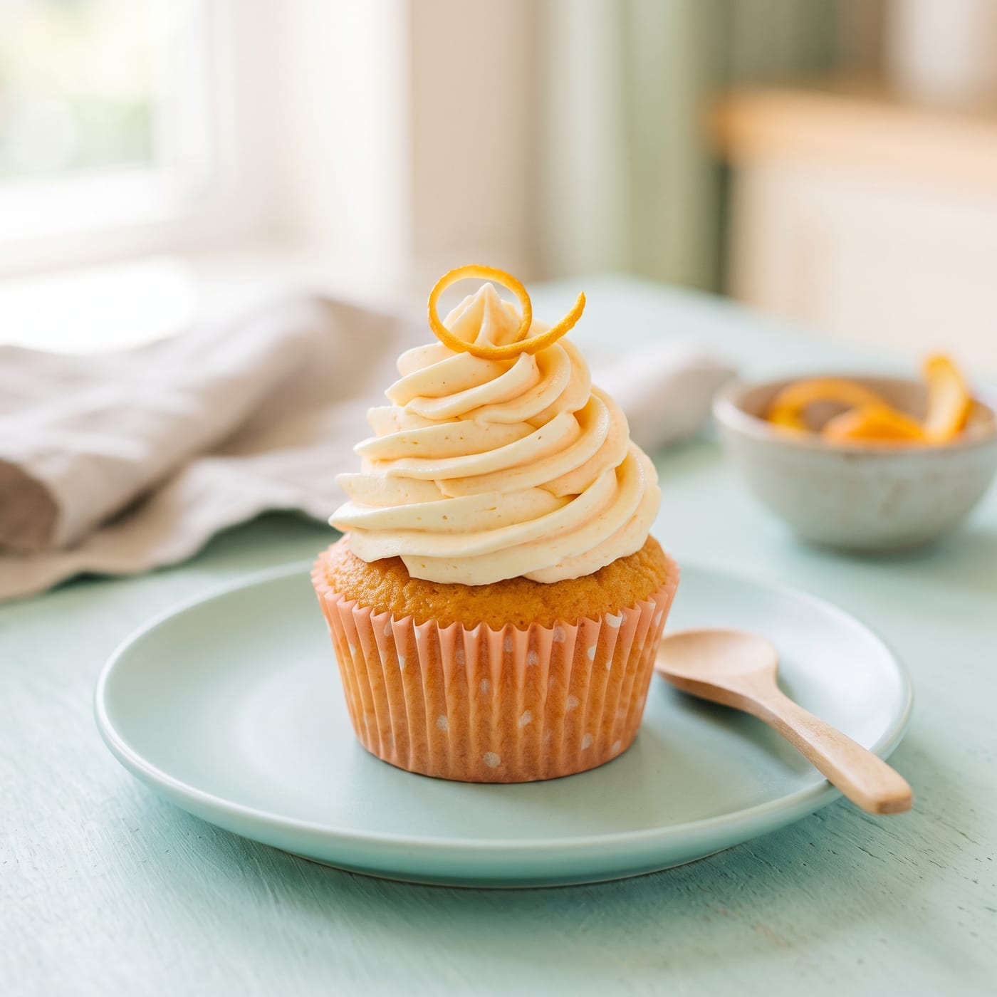 Orange vanilla creamsicle cupcake with tall swirled vanilla frosting and orange zest curl on top
