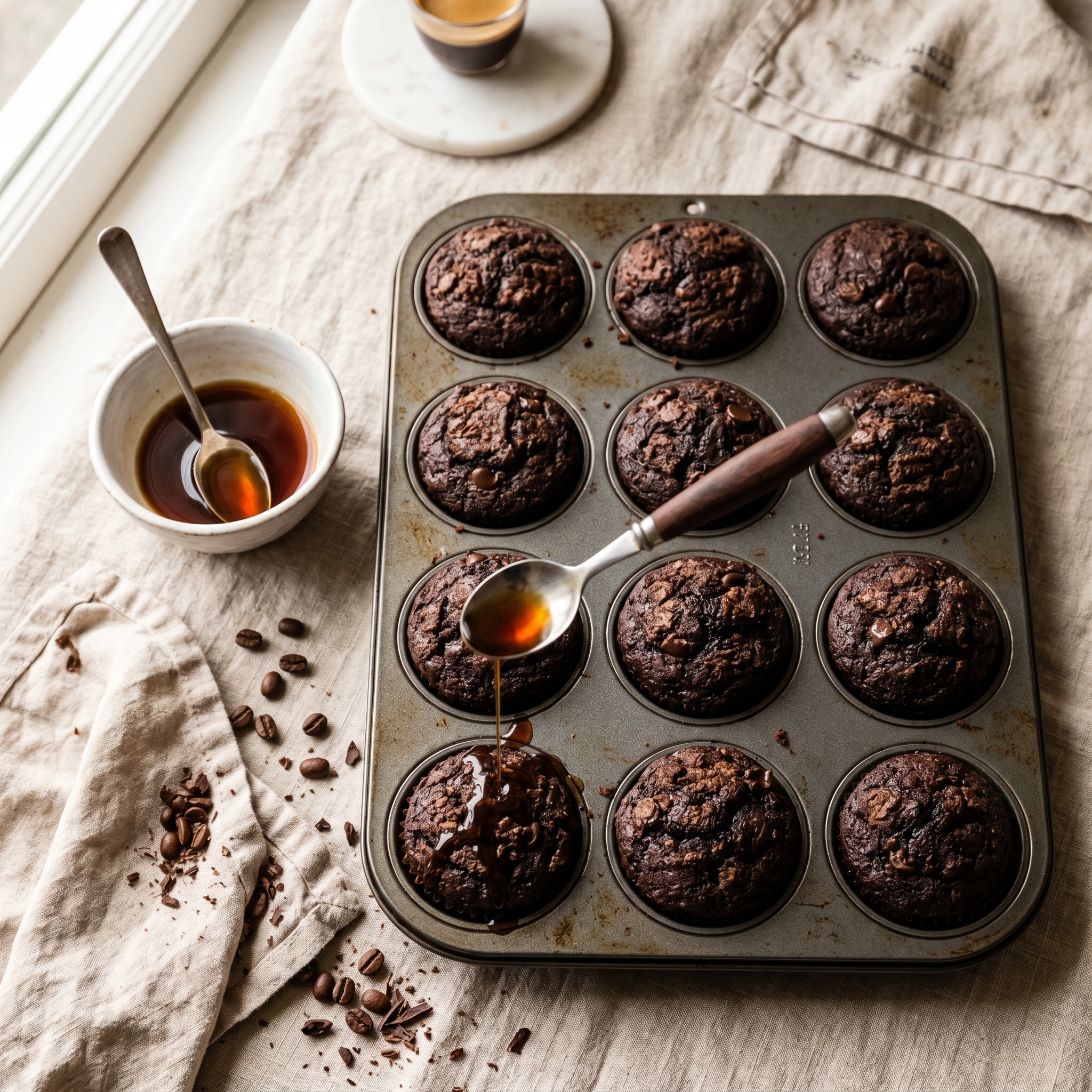 Pouring coffee vodka soak over warm chocolate espresso cupcakes in a muffin tin using a small spoon