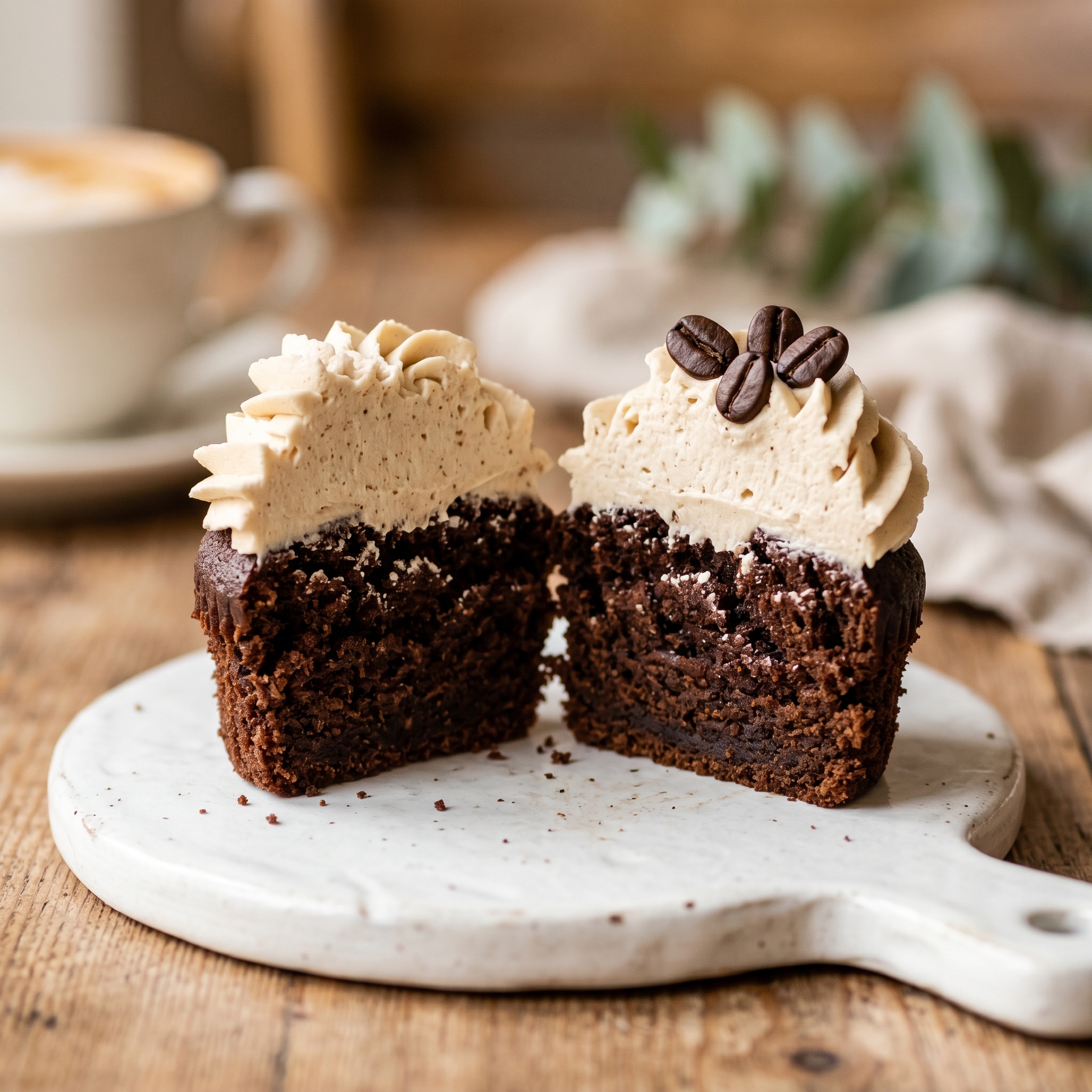 Single espresso martini cupcake cut in half showing moist dark chocolate sponge with espresso buttercream on top and three coffee beans