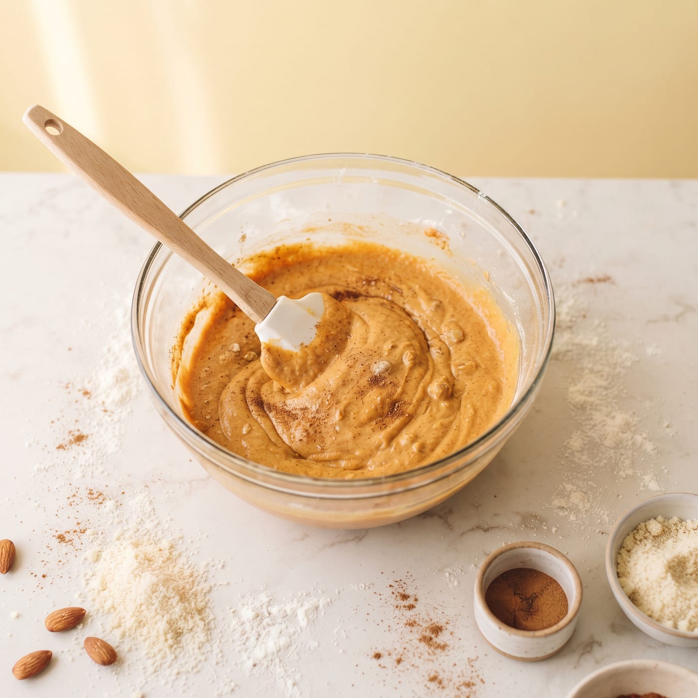 Pumpkin cupcake batter being folded together in a glass mixing bowl