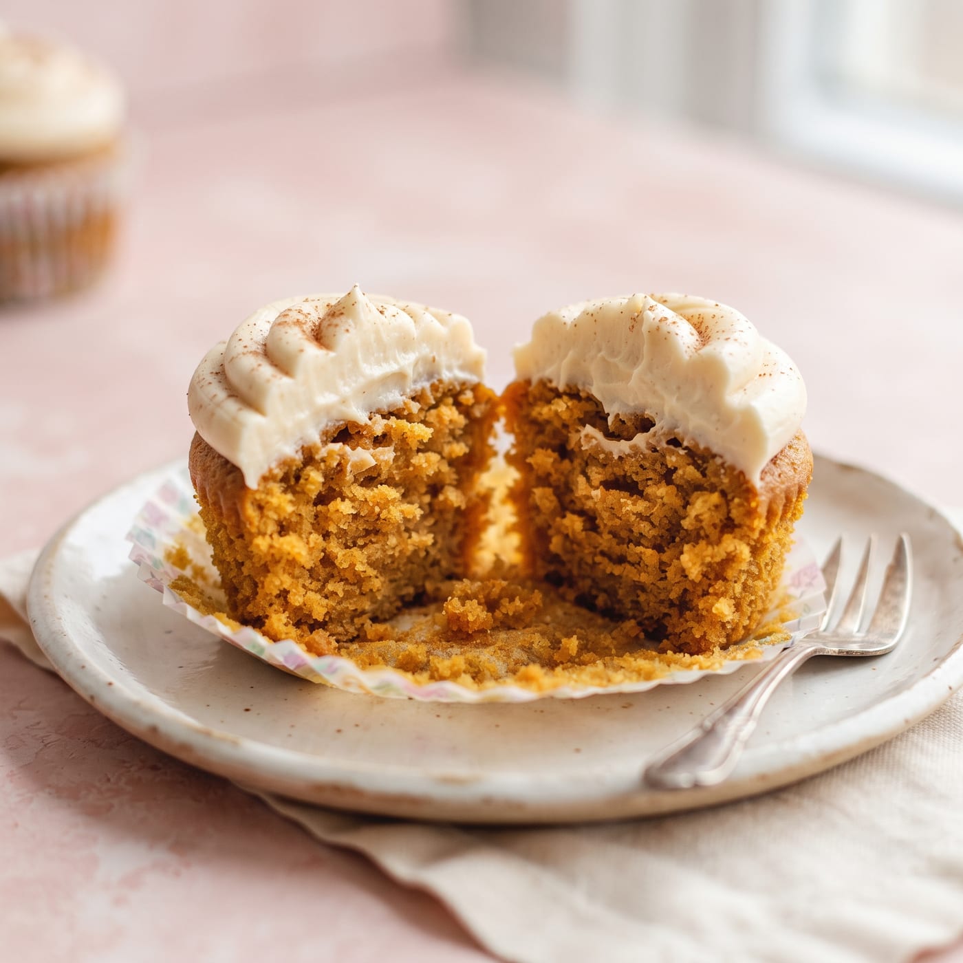 Close up of a pumpkin cupcake cut in half showing a soft moist crumb