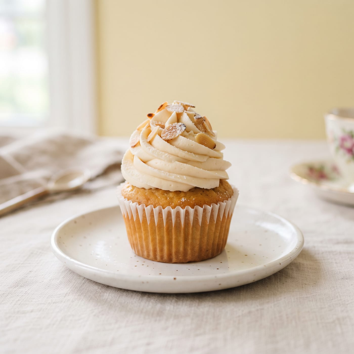 Golden almond cupcake with tall swirled almond buttercream and sliced almonds on top