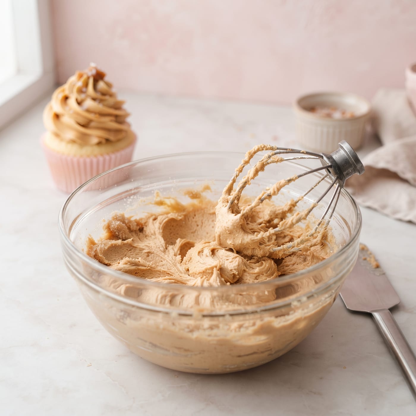 Hand mixer creaming brown sugar and butter in a glass bowl