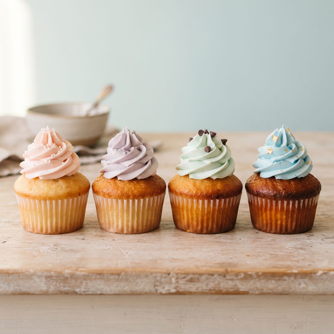 Close up of caramelized cupcake tops made with different sugar types