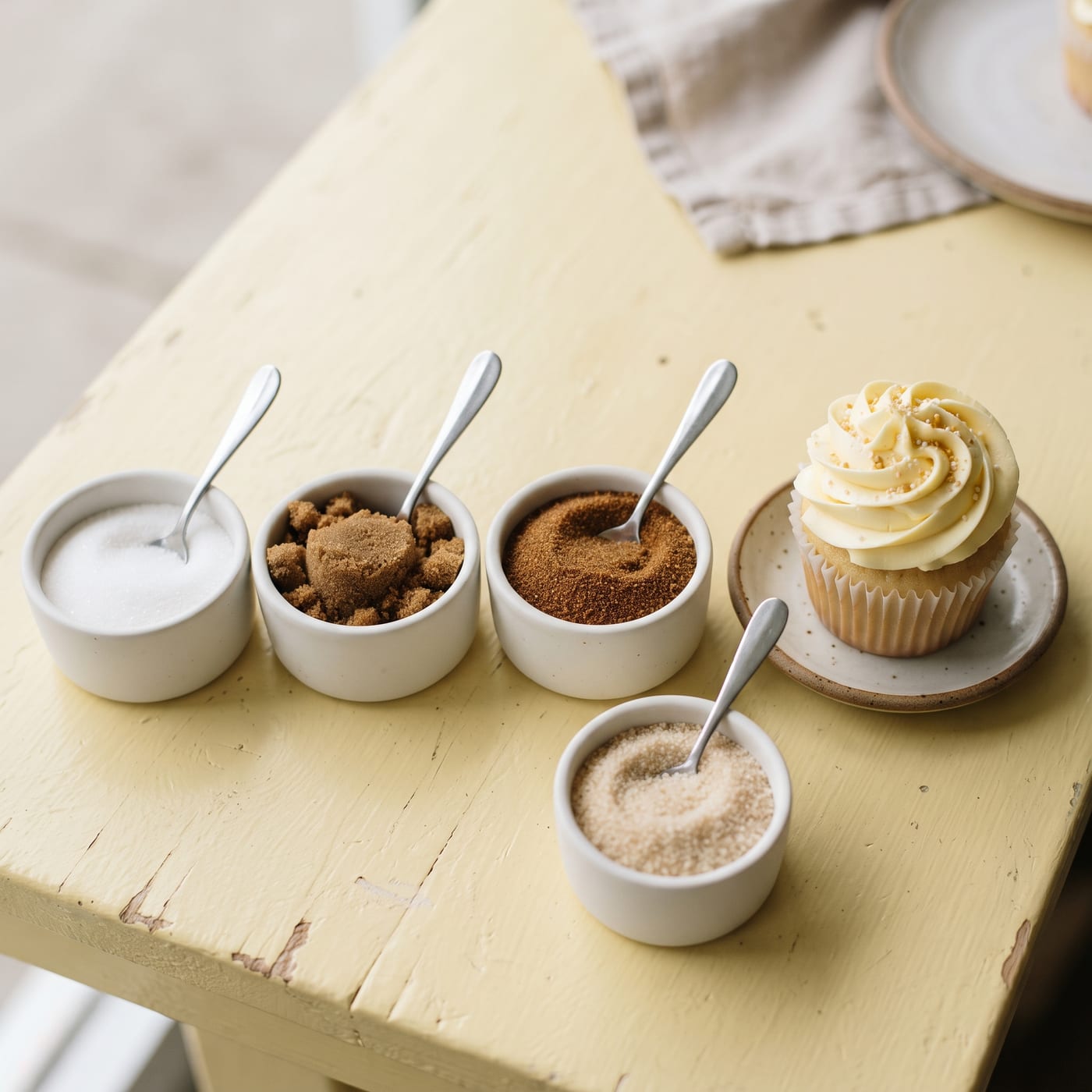 Four small bowls of white, brown, coconut, and maple sugar next to a frosted cupcake