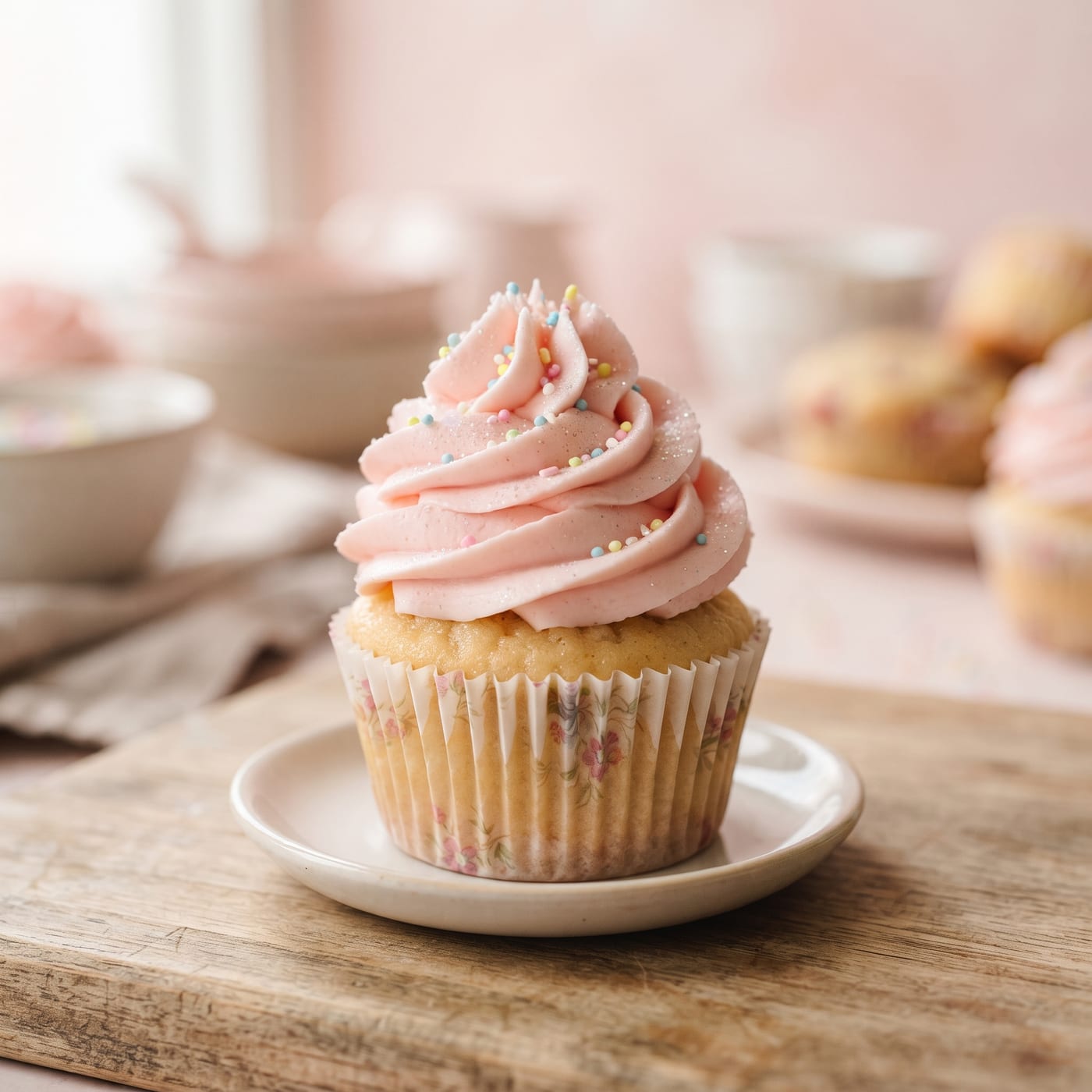 Close up of a single frosted cupcake with tall swirled frosting on a pastel background