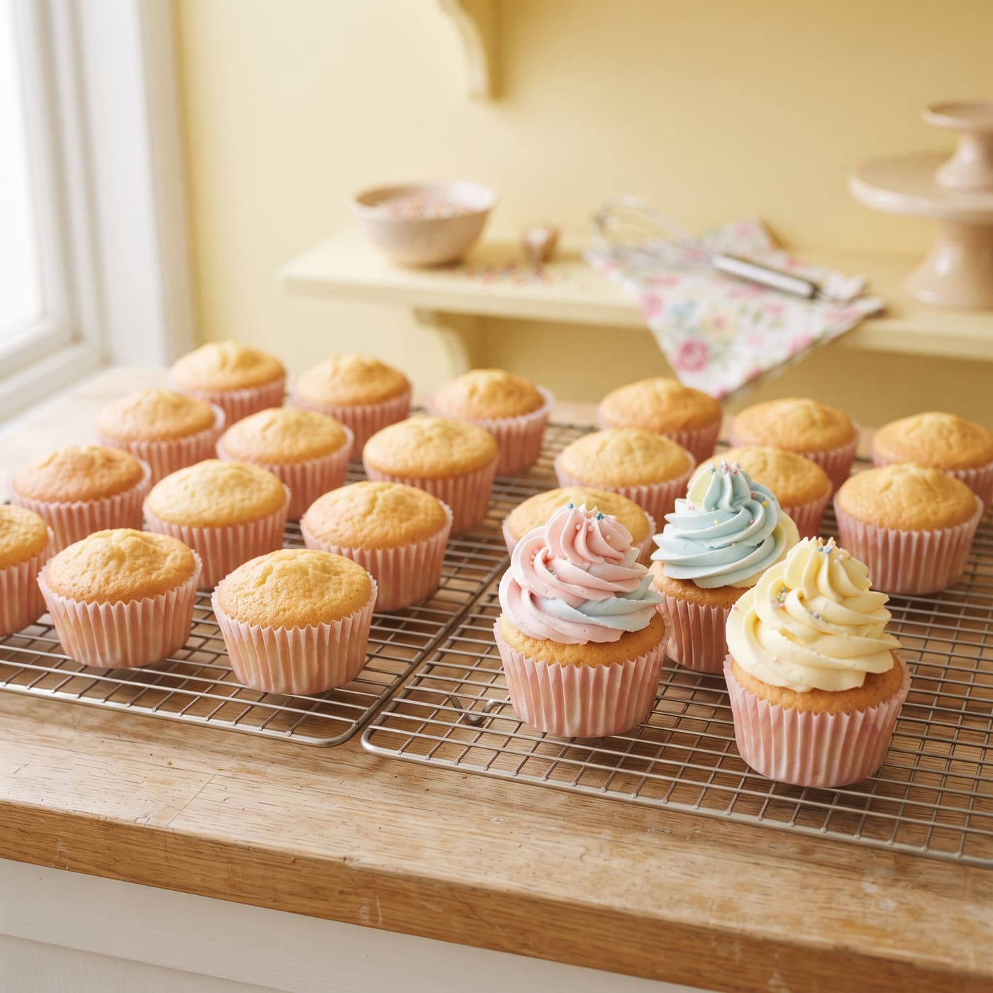 Two trays of golden cupcakes cooling on wire racks in a bright bakery kitchen