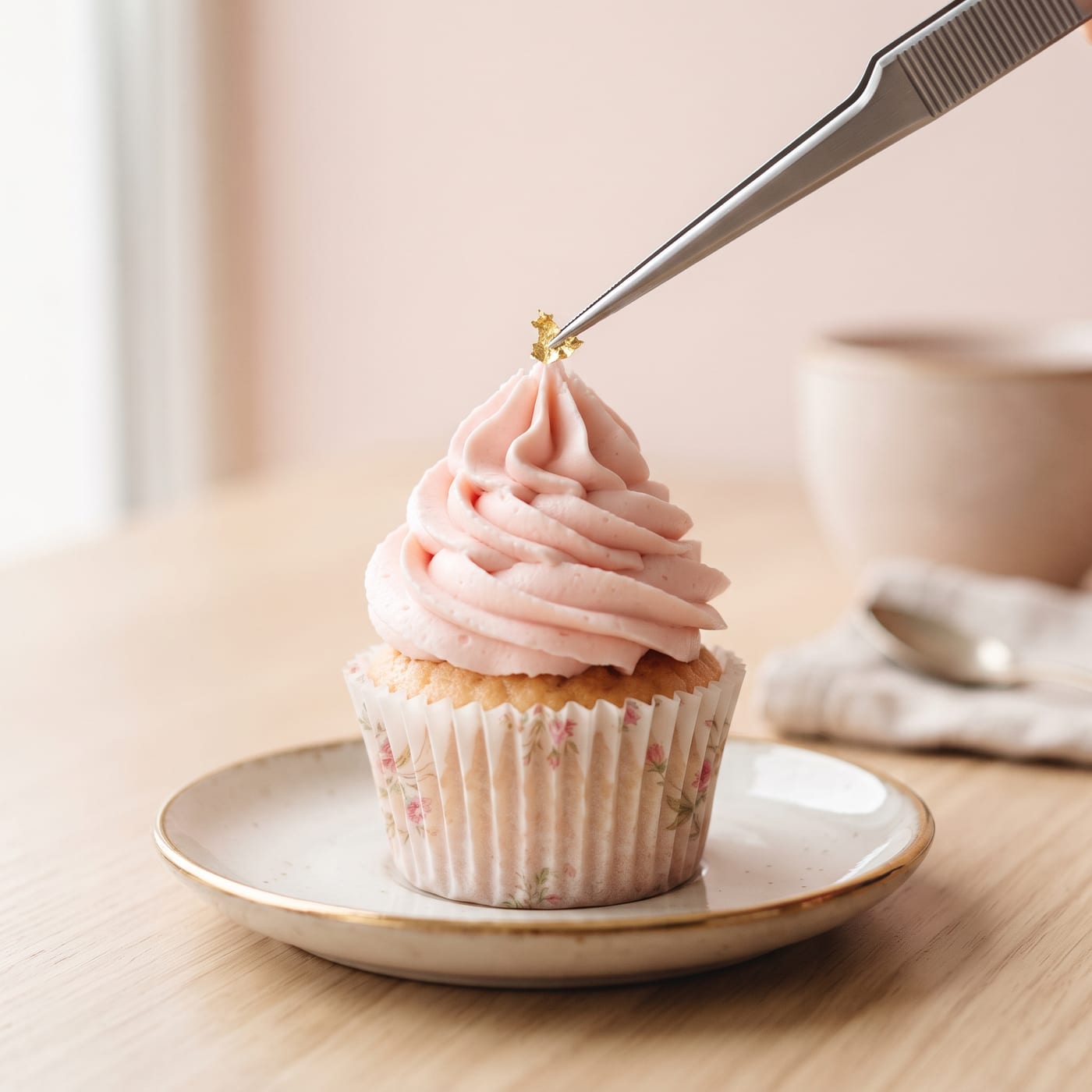 Tweezers placing gold leaf flecks onto a frosted cupcake swirl