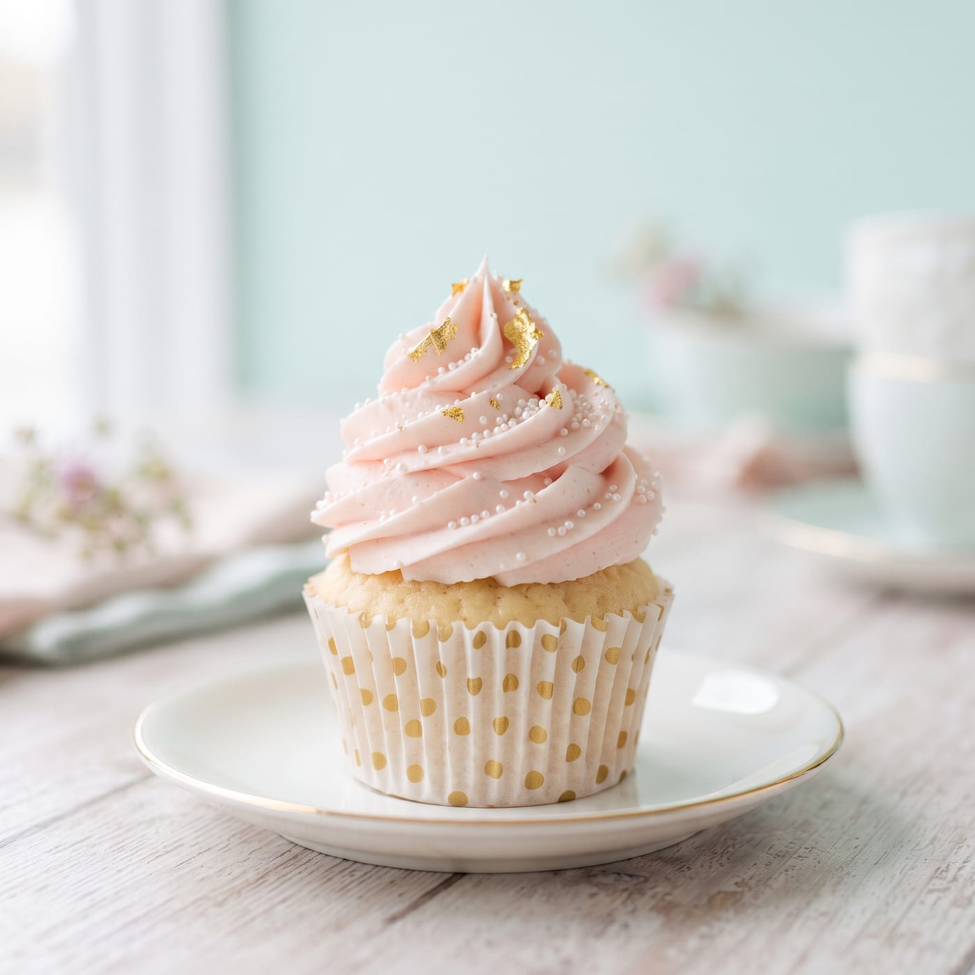 Cupcake with tall swirled frosting finished with micro pearls and gold leaf flecks