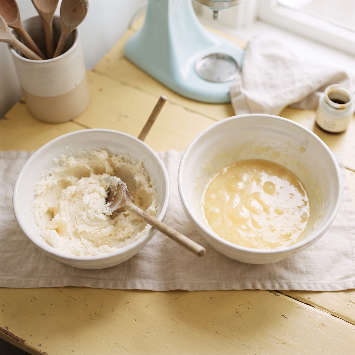Bowl of creamed butter next to a bowl of oil being whisked with sugar for cupcake batter