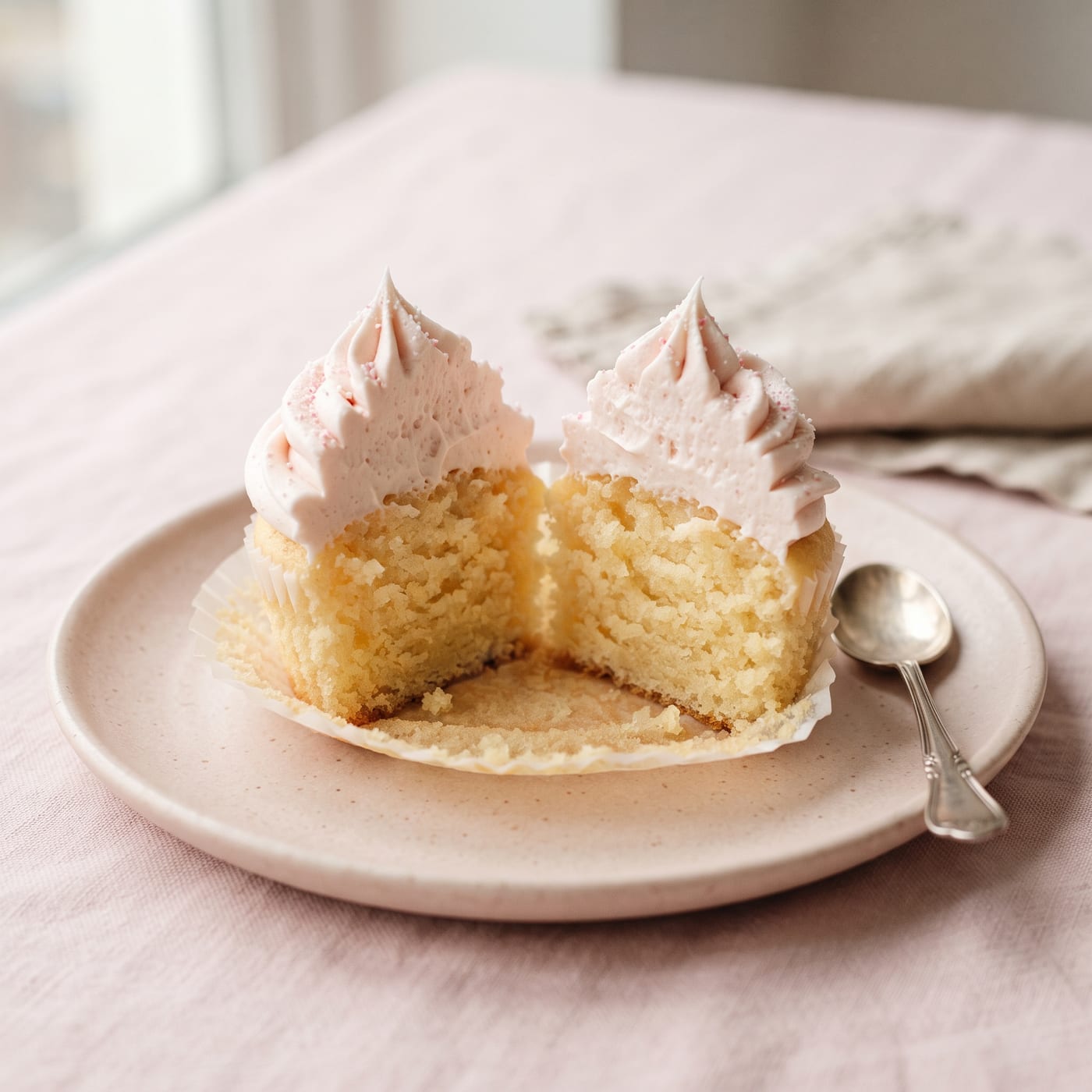 Close up of a moist cupcake crumb split open to show soft even texture