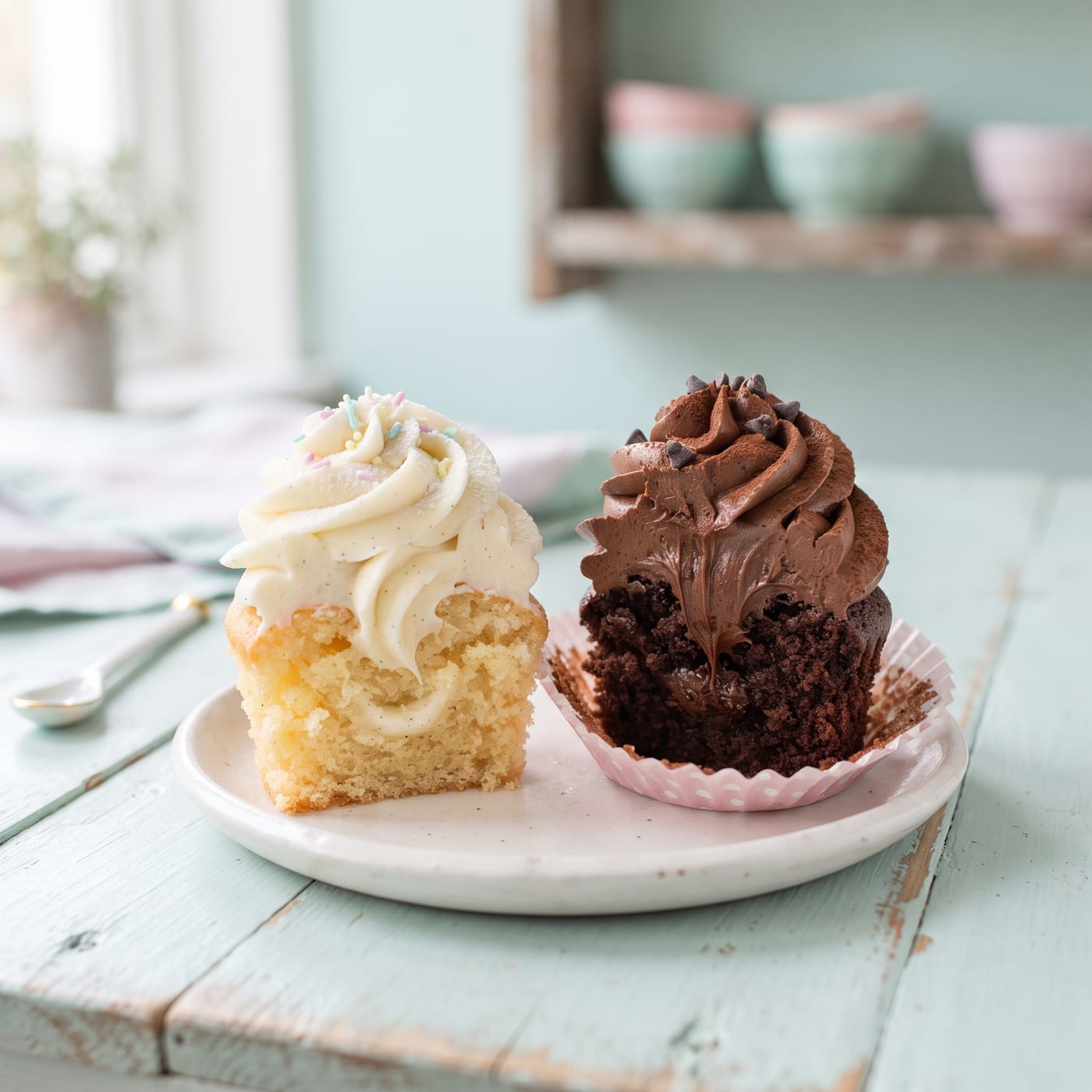 Two cupcakes side by side, one made with butter and one with oil, showing crumb differences