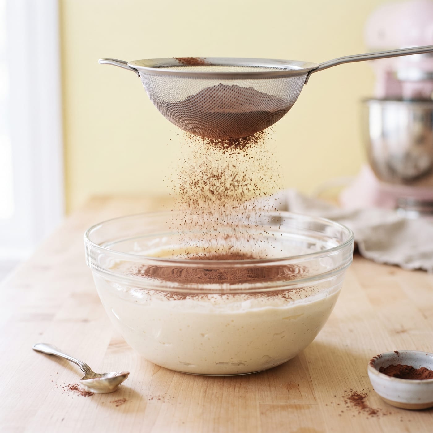 Sifting cocoa powder into a mixing bowl of cupcake batter on a light wood counter