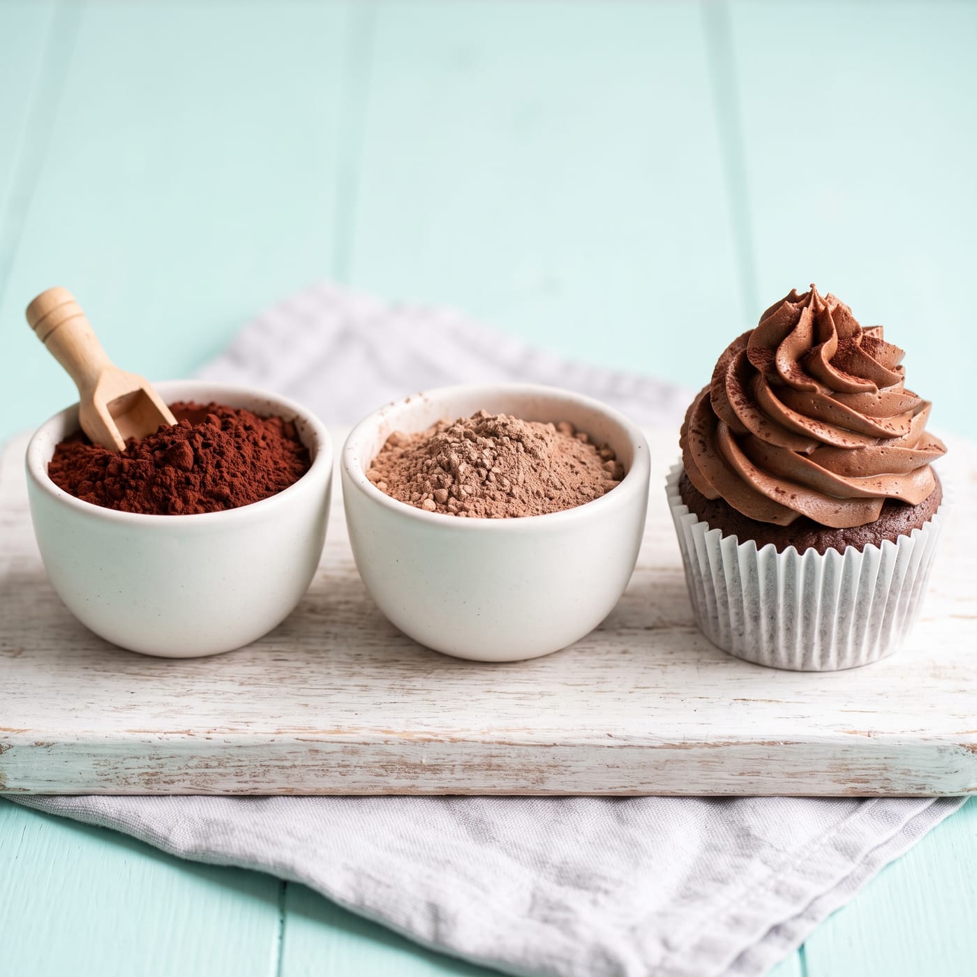 Two small bowls of cocoa powder, one dark and one lighter brown, next to a frosted chocolate cupcake