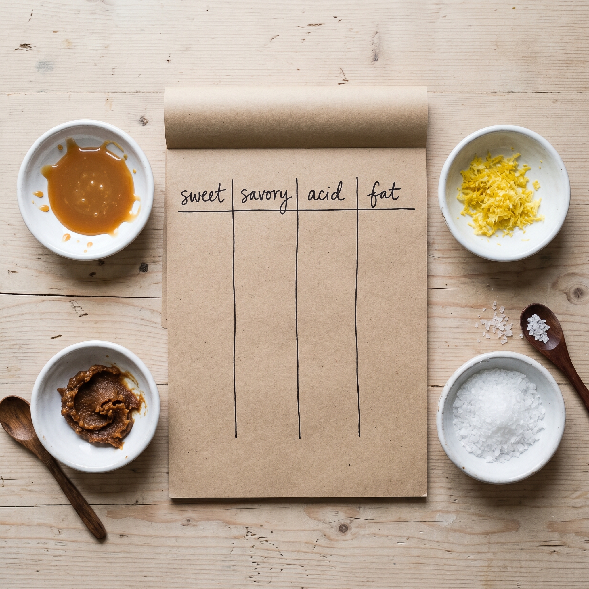 Hand-drawn sweet-savory-acid-fat chart next to bowls of lemon zest, miso, and caramel
