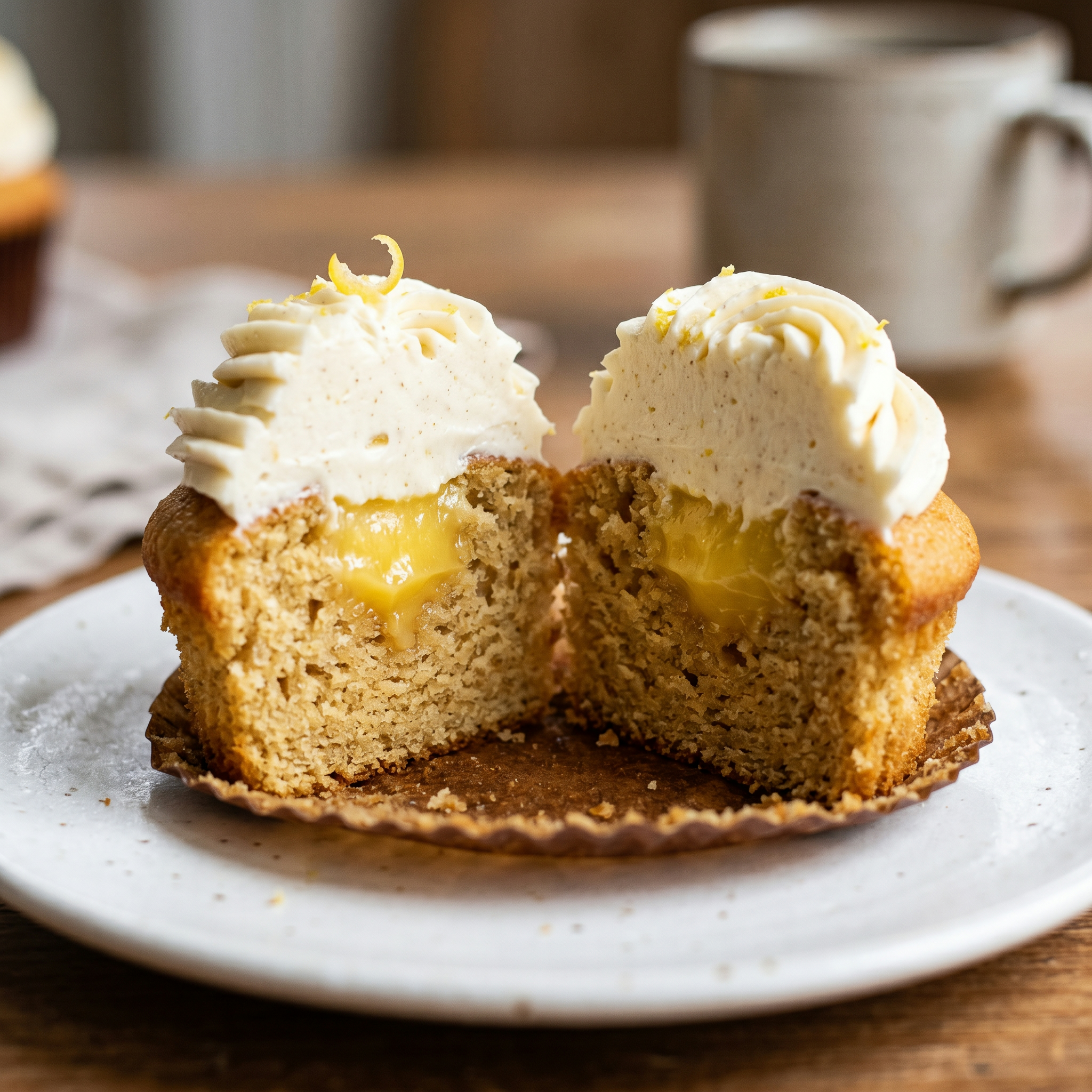 Cross-section of brown butter cupcake with lemon curd and honey mascarpone frosting